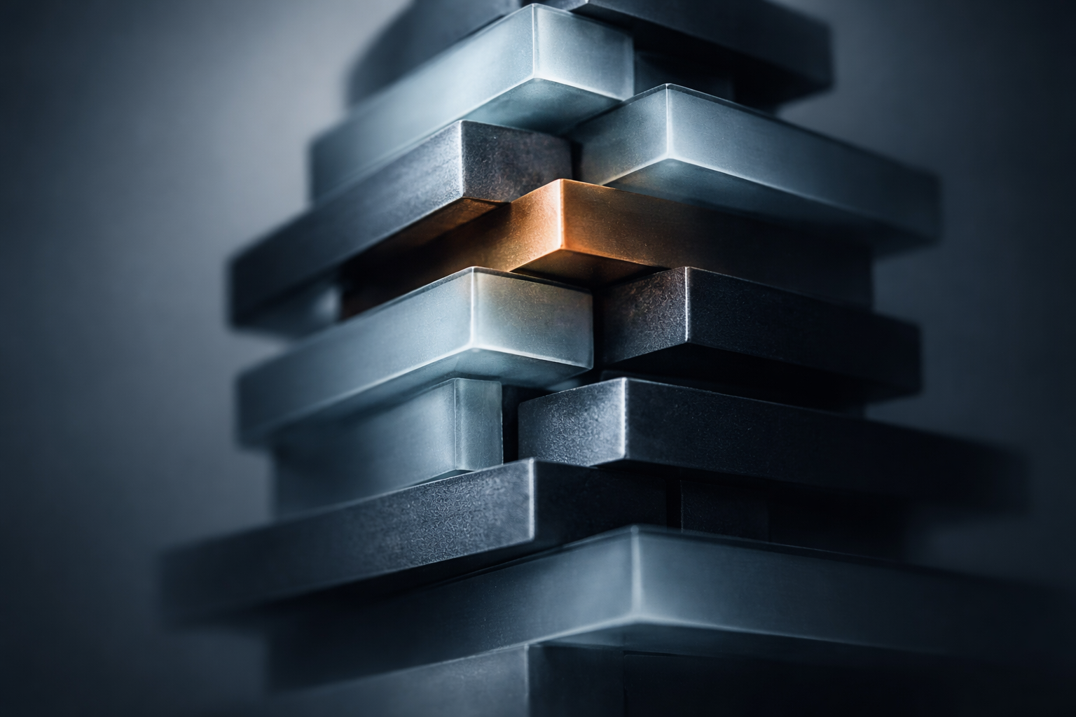 Low-angle macro close-up of a vertical stack of interlocking matte metal and frosted-glass plates with cool blue tones and a warm copper edge highlight; the bottom third is soft and uncluttered.