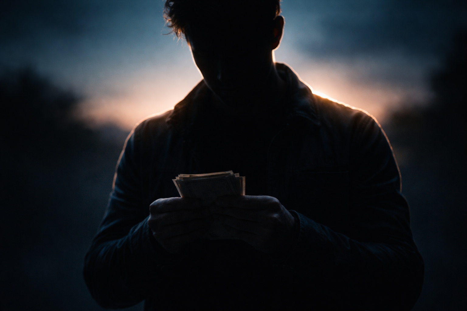 Backlit silhouette of a person in the upper two-thirds of the frame holding an indistinct stack of worn paper rectangles against a cool dusk rim-lit background, with the lower third left dark and empty for a headline.