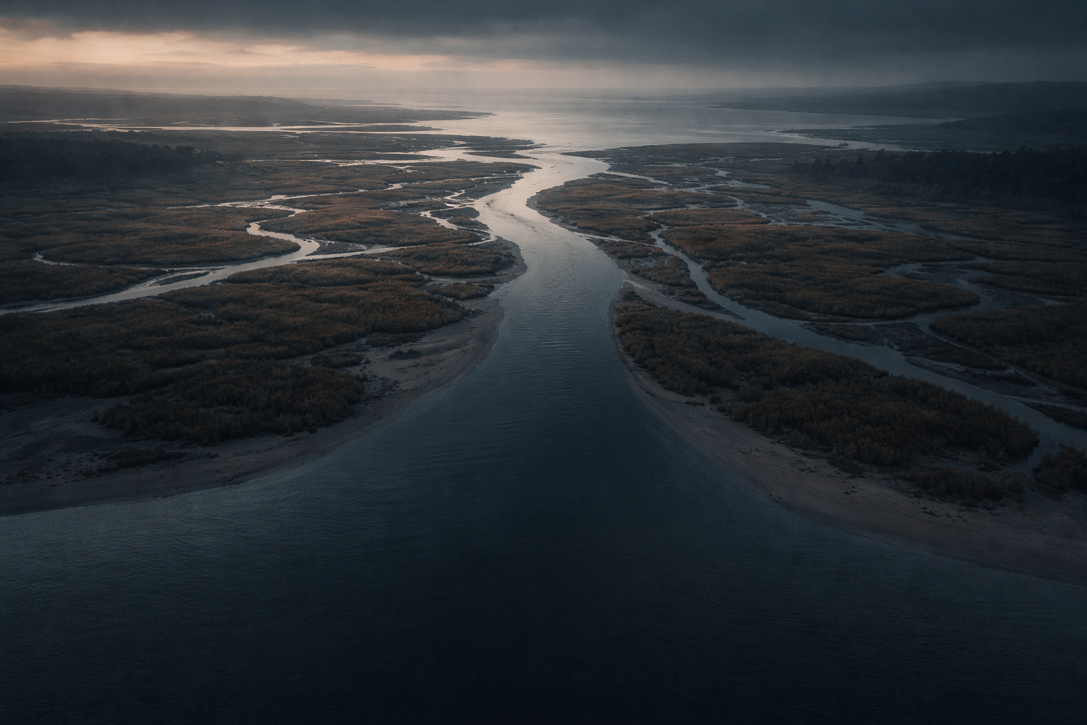 Aerial dusk view of a braided river funneling through muted marshes, with an empty sandy shoreline occupying the quiet lower third.