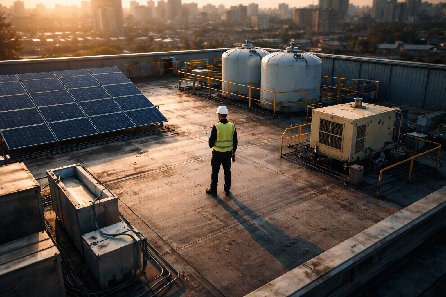 Aerial view of an anonymous factory technician on a rooftop with solar panels and fuel tanks, lit by late afternoon light, with a soft cityscape in the background and a clear lower third.