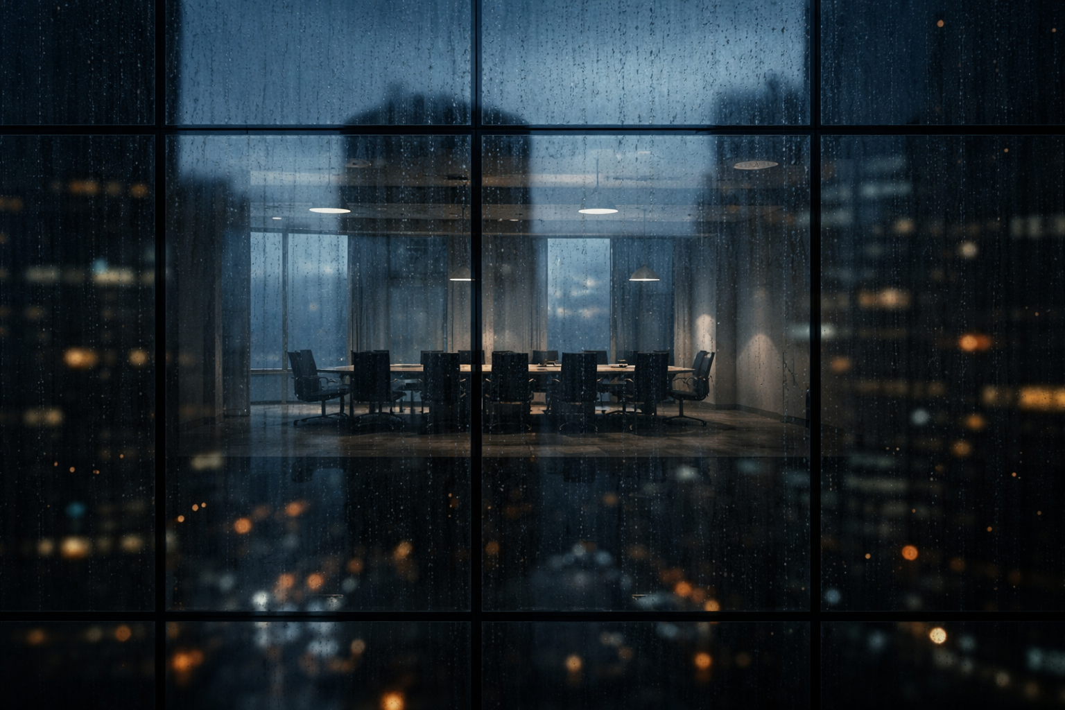 Rain-speckled glass reflecting a dim, empty boardroom and soft city lights, composition centered in the upper two-thirds with a quiet dark lower third.