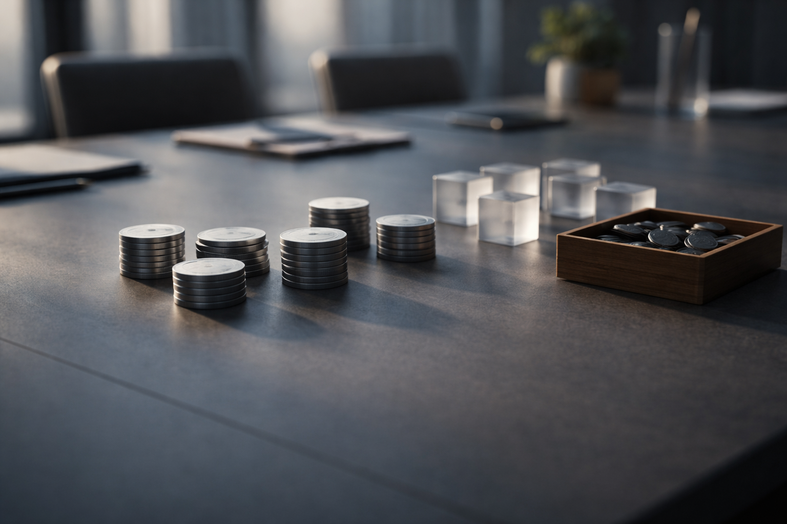 Wide overhead scene of a long matte-grey table with organized groups of unmarked brushed-metal tokens, frosted glass cubes and a small open wooden tray of dark coins lit by soft side light, the main arrangement sits in the upper two-thirds while the bottom third remains empty and uncluttered.