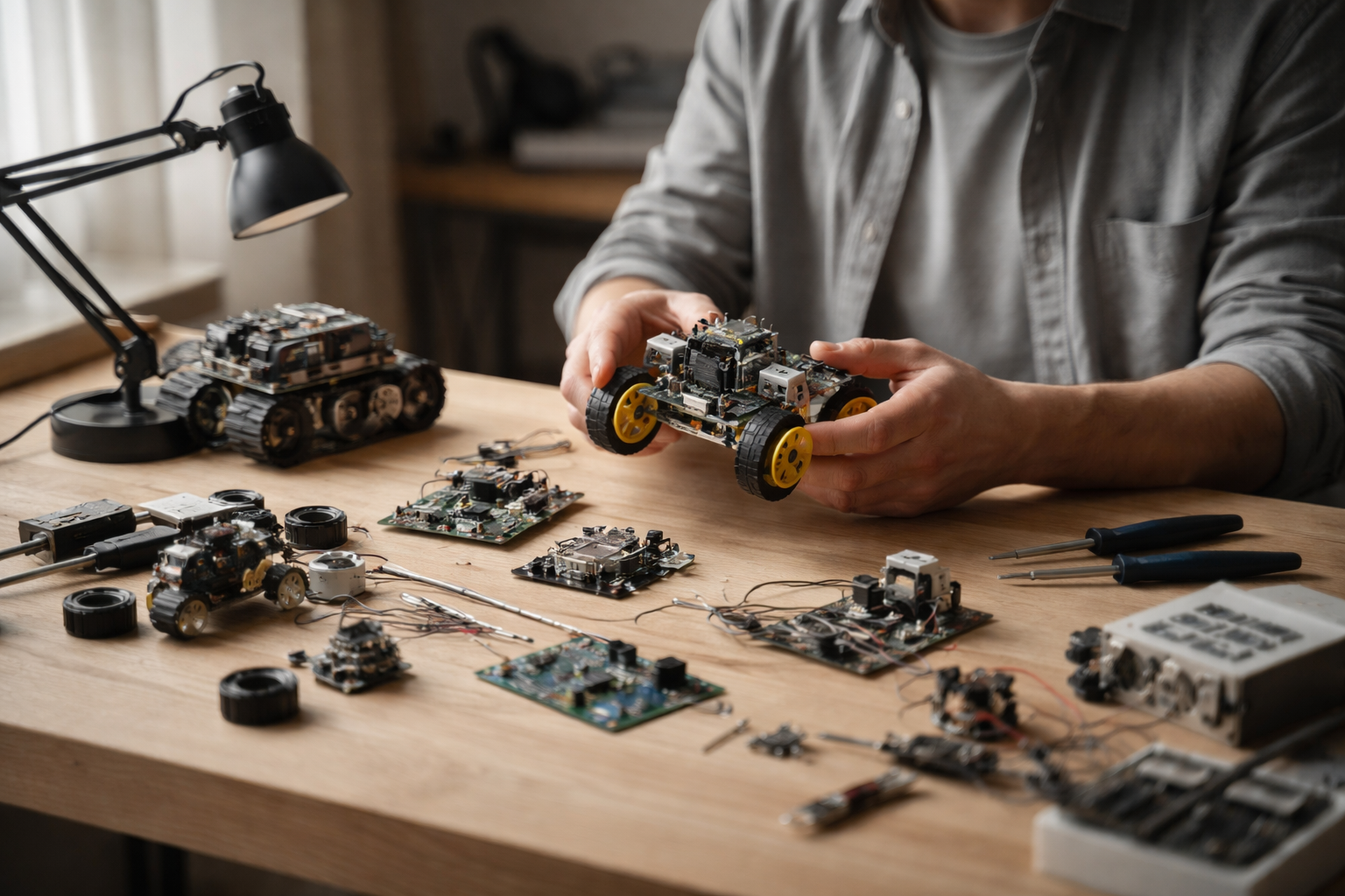 A person works at a desk assembling or inspecting small robotic components and circuit boards in natural light.
