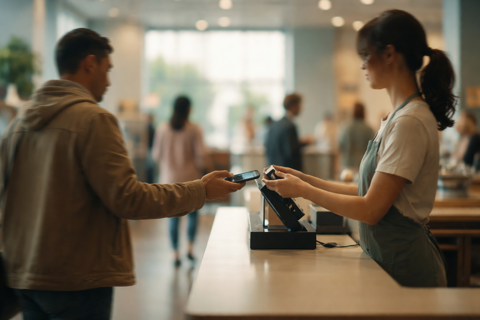 Wide interior view of a modern retail store with anonymous shoppers and a cashier exchanging a smartphone at a payment counter, faces turned away or blurred, soft natural light and muted teal and ochre tones, lower third left uncluttered.