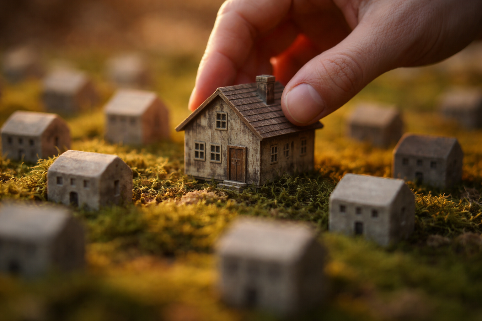 Close motion-detail of an anonymous hand sliding a small weathered wooden house model across green moss and several tiny concrete block tokens, warm side light and shallow depth of field, lower third uncluttered.