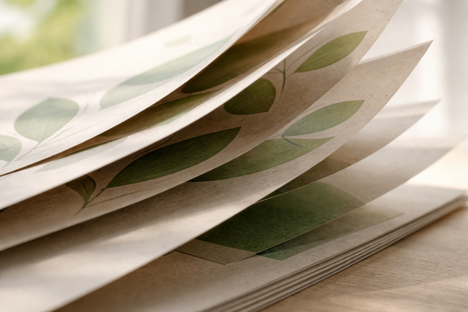 Close-up of textured recycled-paper pages from a green-themed sustainability report caught mid-flip, edges blurred by motion in soft window light, with an empty uncluttered lower third.