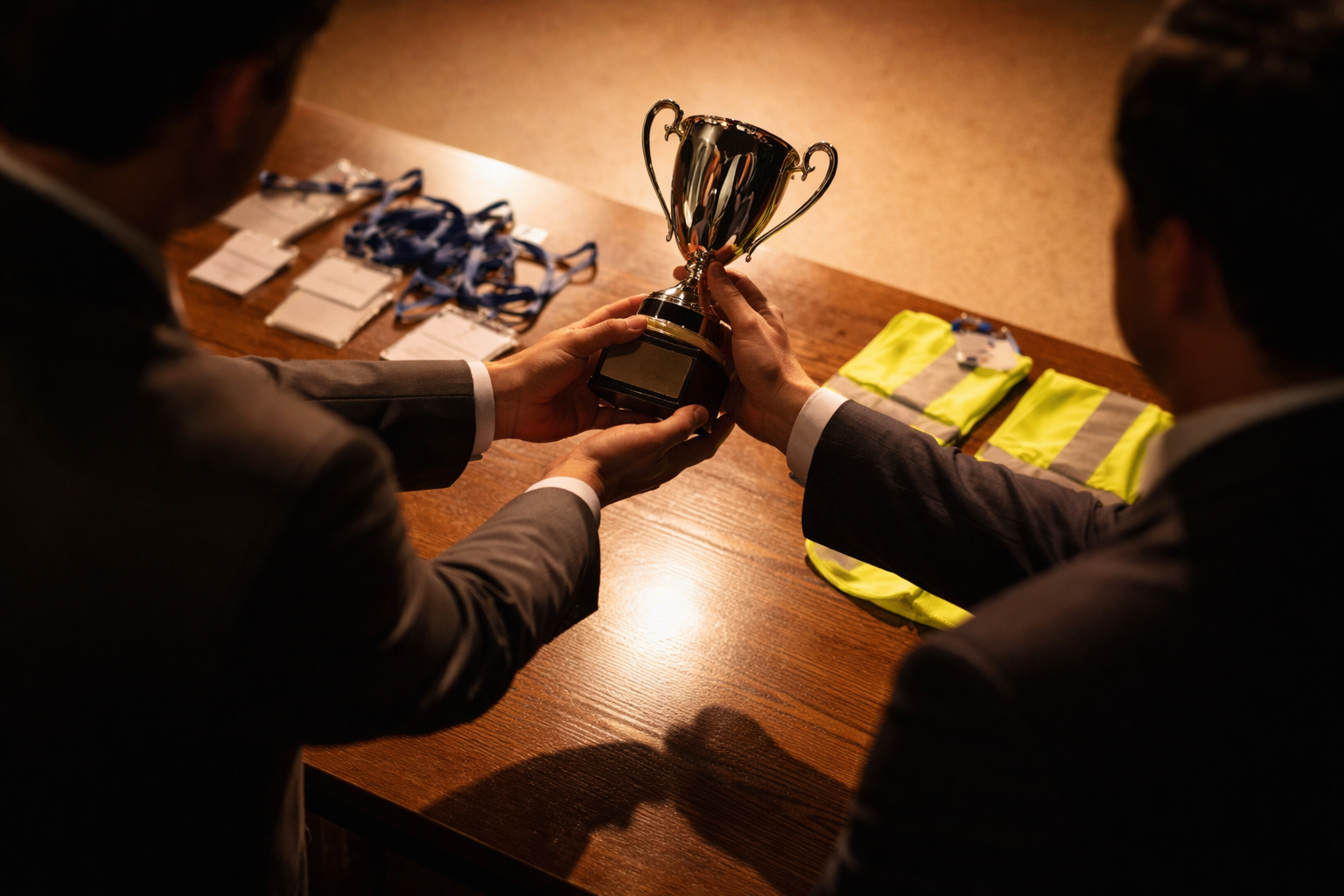 High-angle view of a conference stage table where two anonymous people pass a plain metal trophy under warm stage lights, with conference lanyards and safety vests nearby and the lower third of the frame left clear.
