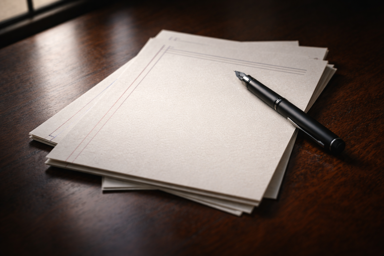 Close-up of blank textured documents and a fountain pen on a dark polished table with a soft mirrored reflection below; the papers and pen sit in the upper two-thirds while the lower third is blurred and uncluttered.