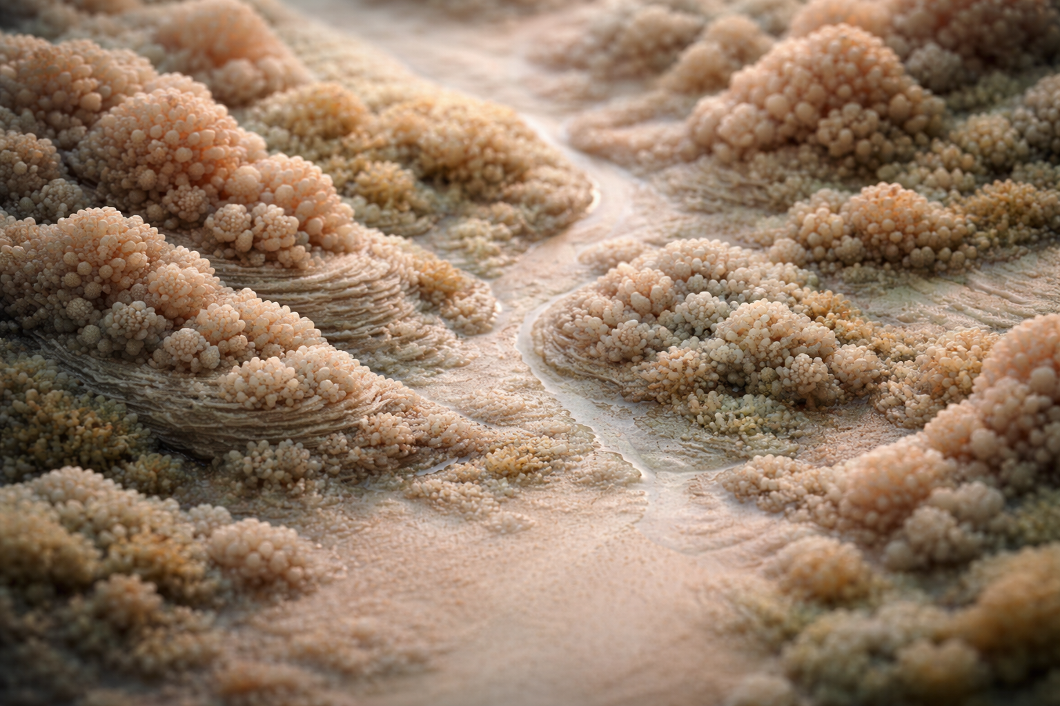 A high-angle view of natural formations or organic structures revealing intricate patterns and scale relationships through soft, natural lighting.