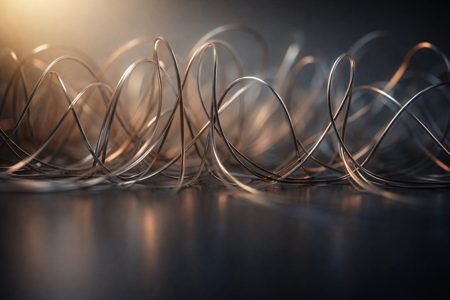 Low-angle close-up of interwoven copper and steel filaments rising from a dark reflective surface, shallow depth of field and soft rim lighting; the lower third is left clear for overlay.