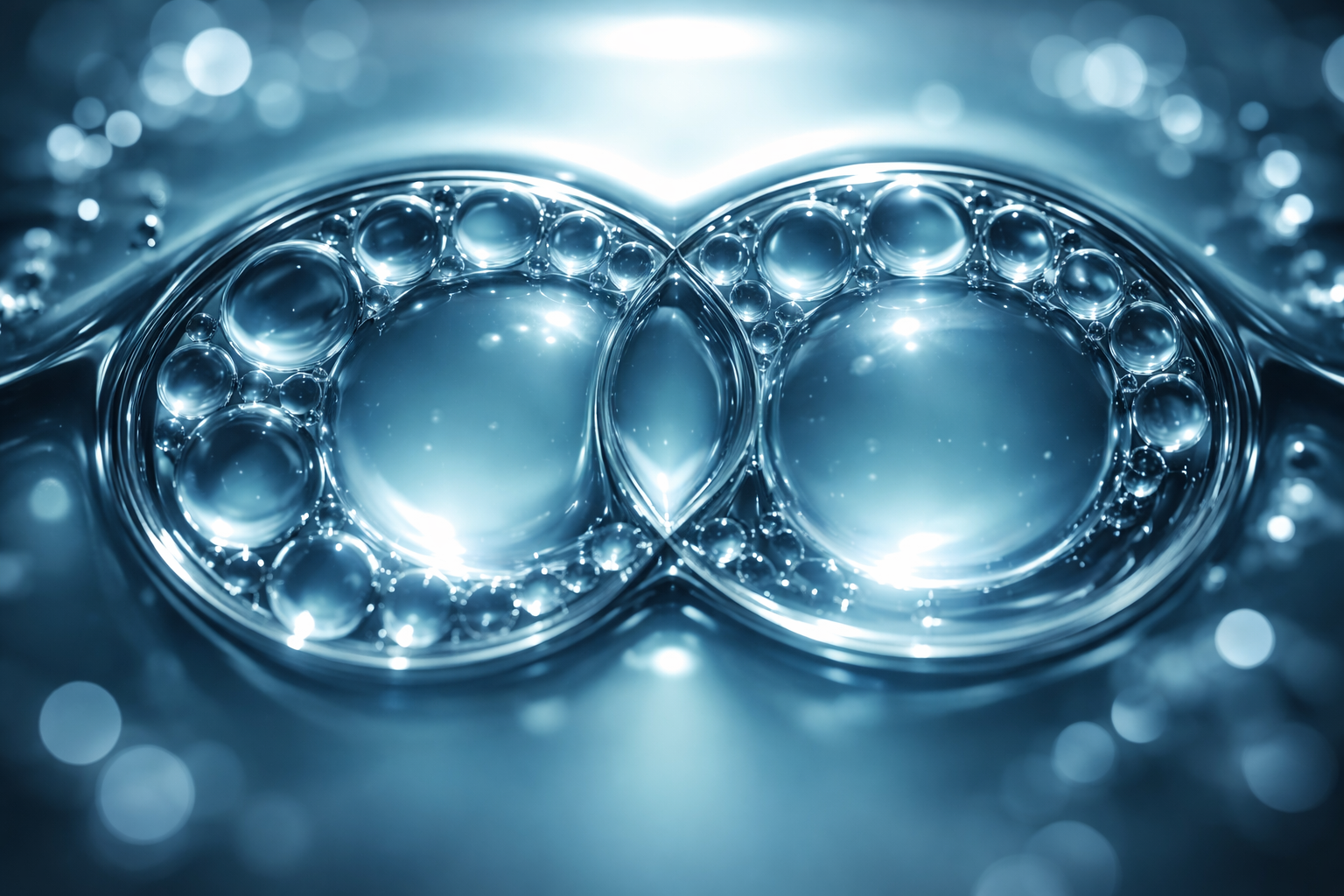 Extreme close-up of two overlapping glass droplets on a glossy surface whose reflections create interlocking circular shapes in cool blue-green tones, softly focused with a low-contrast empty lower third.