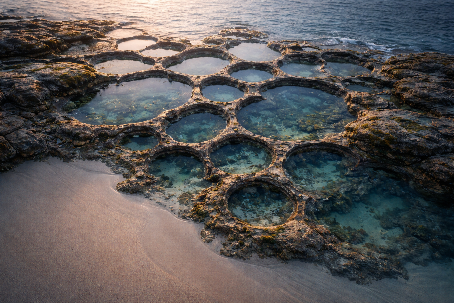 High-angle aerial photo of a cluster of tide pools and lichen forming cell-like branching patterns in muted blues and greys, centered above a smooth, quiet sand lower third.