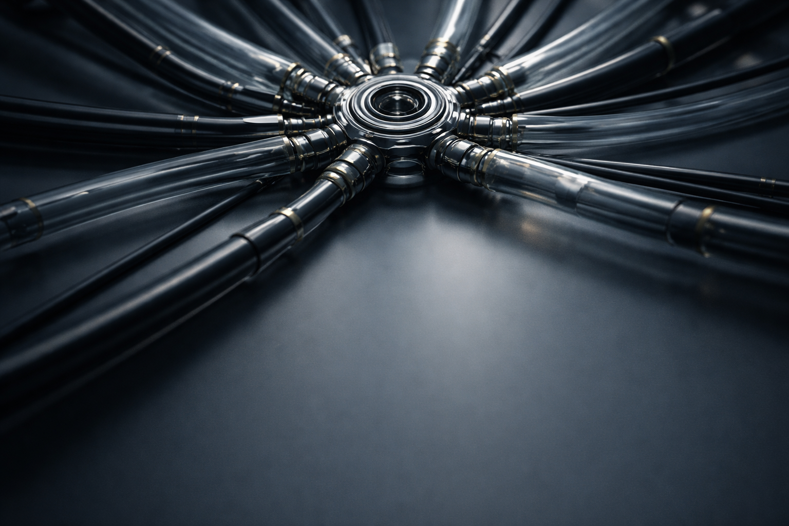 High-angle macro of interlocking metallic conduits and translucent tubes converging on a compact central hub in cool blue-grey and gold tones, with the lower third left smooth and uncluttered.