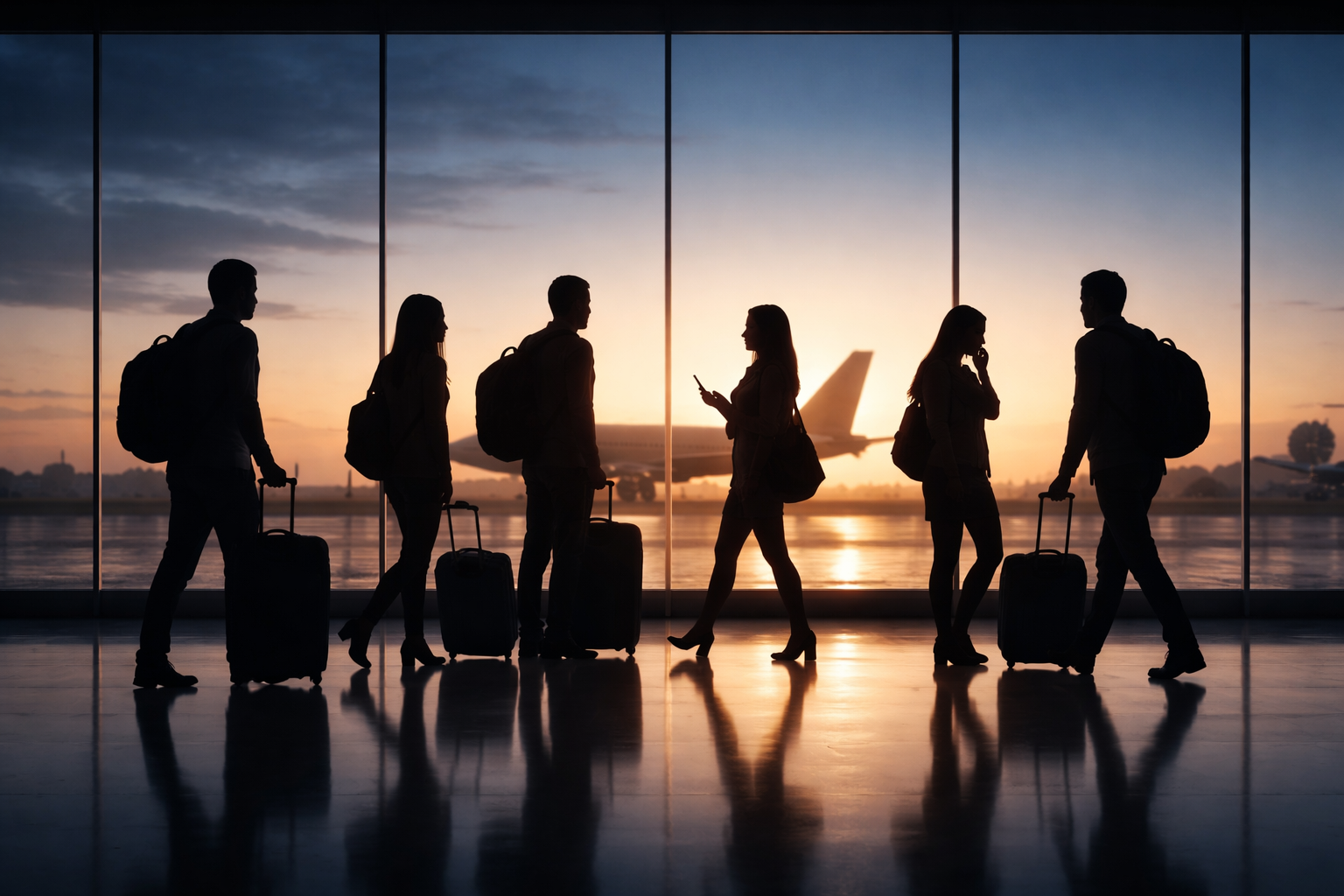 Backlit silhouettes of several travelers with carry-ons in an airport terminal against a large dusk window, a distant unbranded airplane visible outside, figures placed in the upper two-thirds with the lower third left empty.