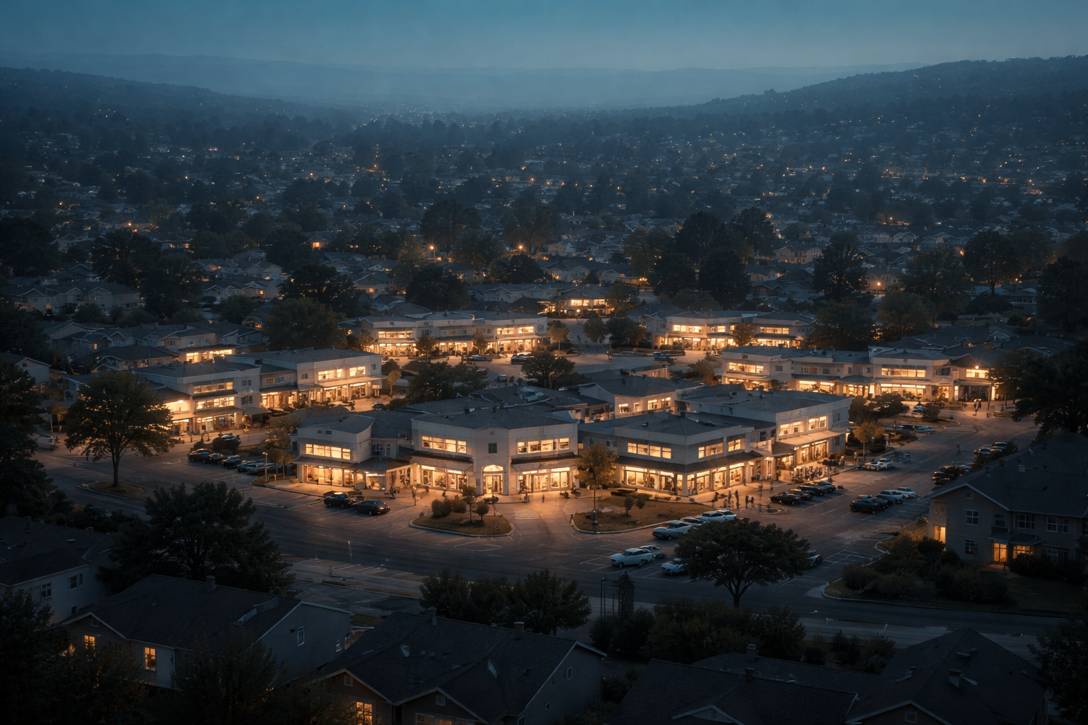 Dusk wide shot of a suburban neighbourhood with a central cluster of warmly lit, unbranded clinic and pharmacy storefronts seen from above, soft twilight haze and quiet streets, with the main subject held in the upper two thirds and the lower third left dark and uncluttered.