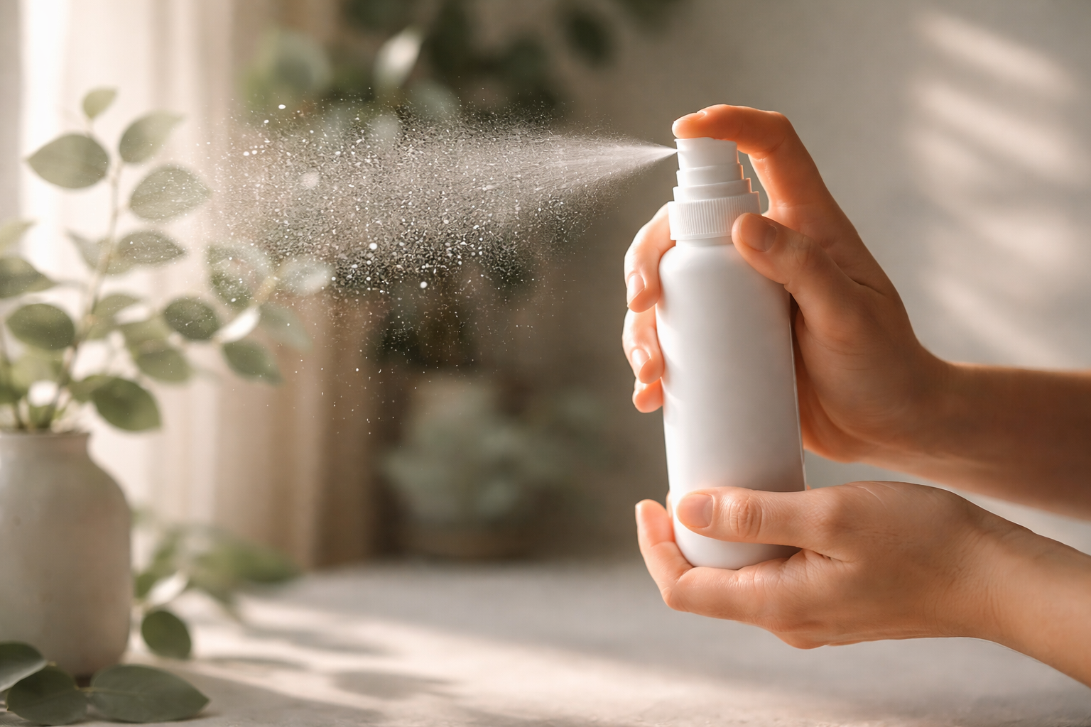 Close-up of anonymous hands spraying a plain white air-freshener bottle; fine eucalyptus mist with tiny pearlescent microcapsules hangs in warm light, composition kept clear in the lower third.