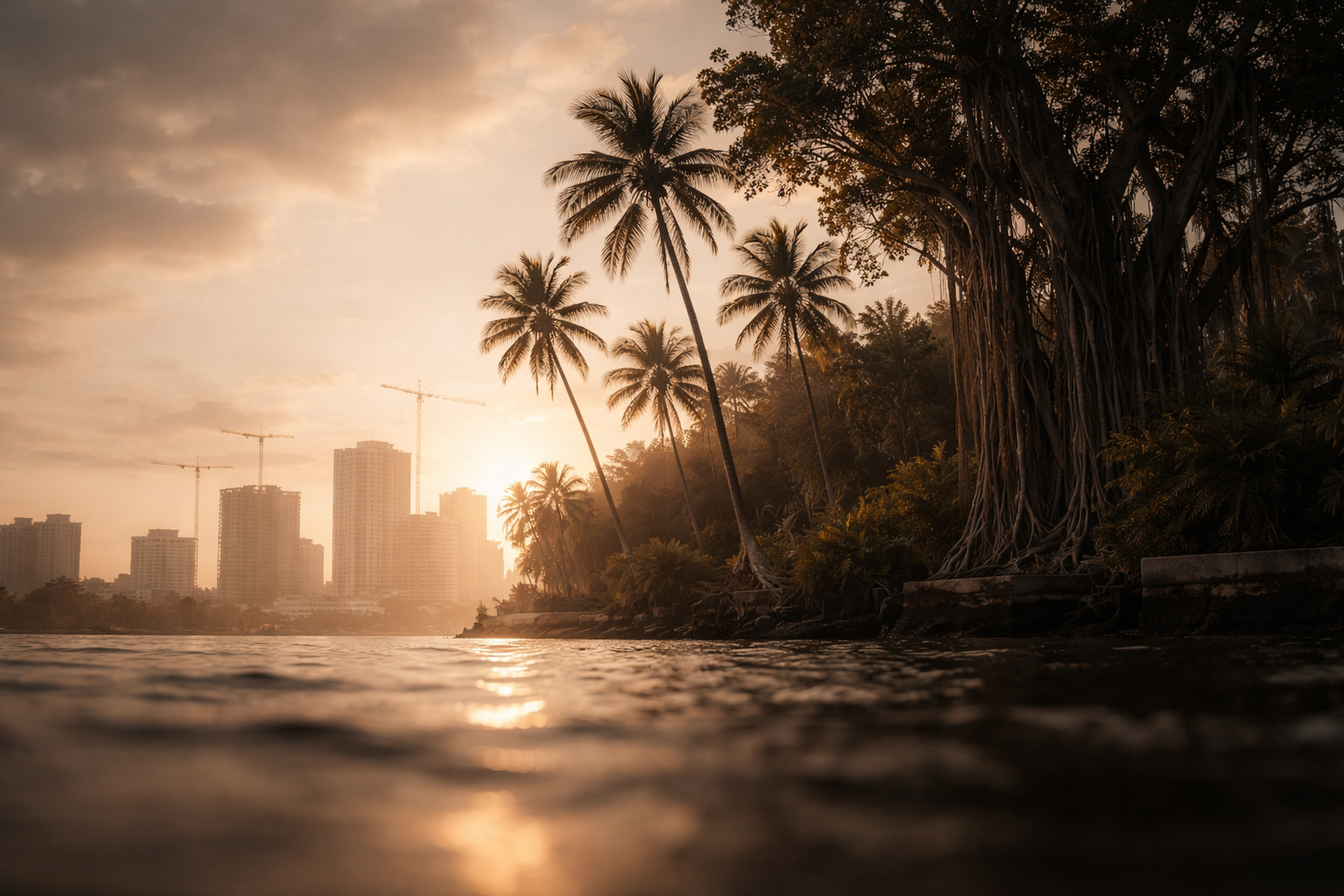 Low-angle dusk photo from the river showing tall palm and banyan trees rising above the camera with blurred cranes and waterfront construction silhouettes behind, warm backlight and an empty lower third.