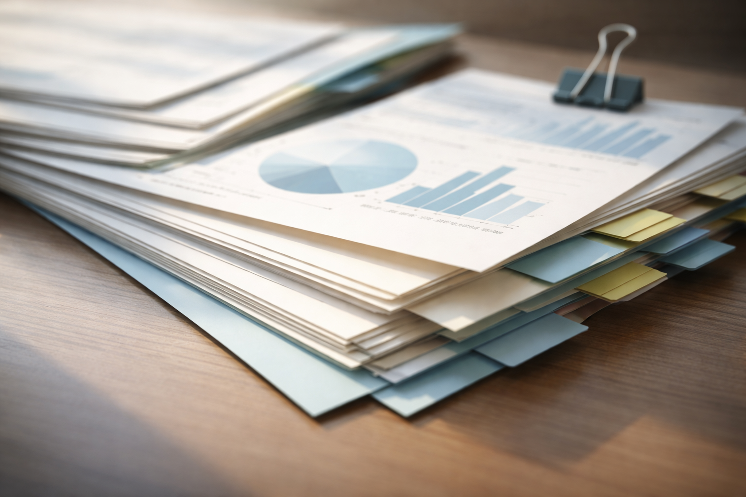 Close-up motion shot of blank cream and pale-blue papers fanning across a desk with a metal binder clip and colored tab edges, shallow depth of field and soft directional light, with the lower third left clear.