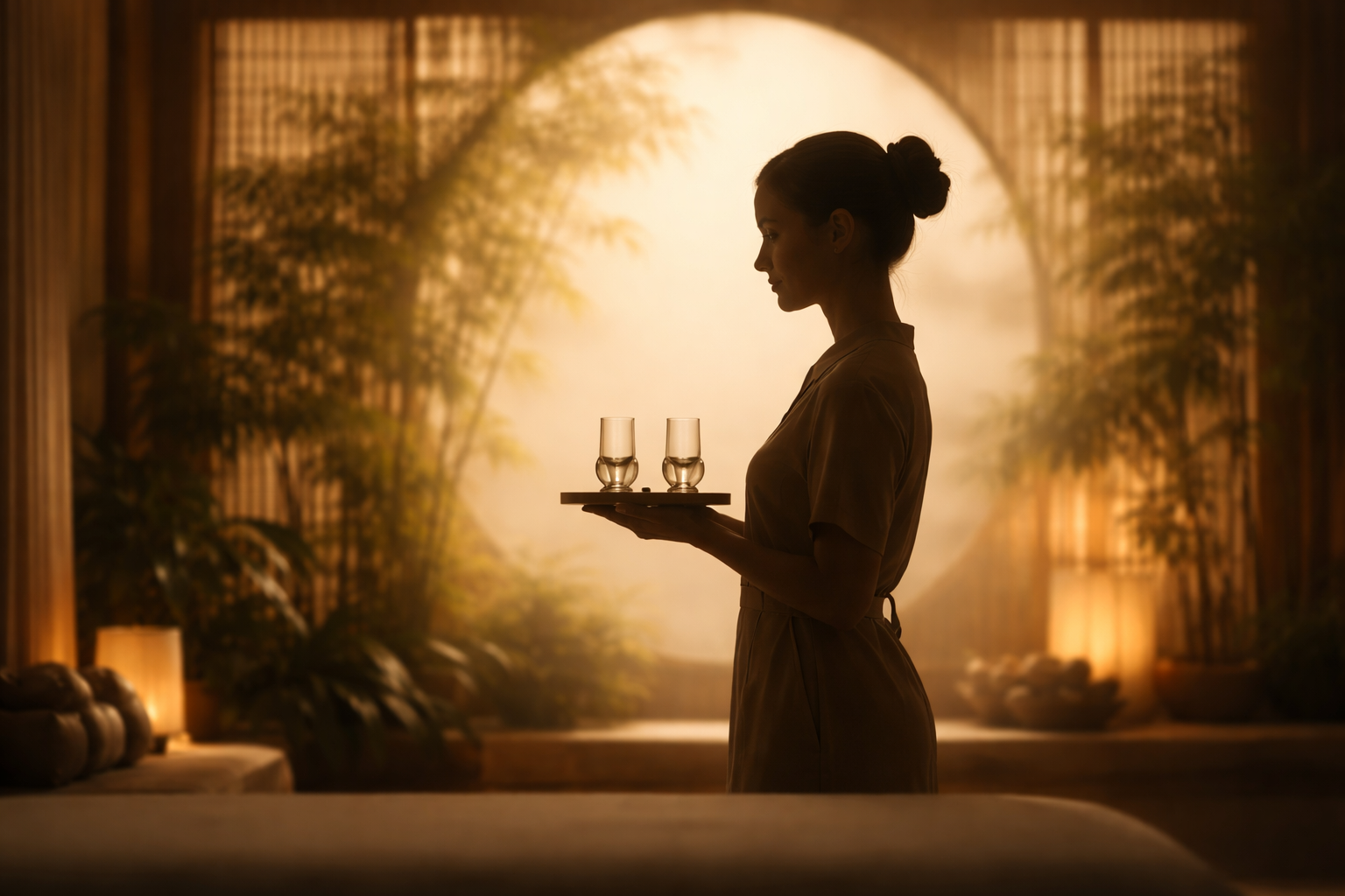 A single silhouetted spa therapist in profile holds a tray with two small unbranded glass trophies against a warm, frosted round window and soft indoor plants, with the lower third of the frame left calm and empty.