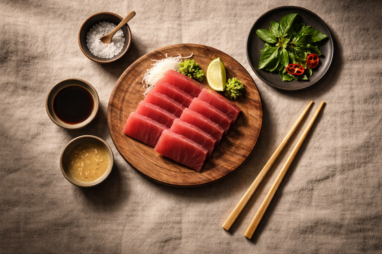 Top-down view of culinary materials: a wooden board with deep-red tuna sashimi, a matte-black plate with basil and sliced red chili, bamboo chopsticks and small dipping bowls arranged above centre, with the bottom of the frame left empty.