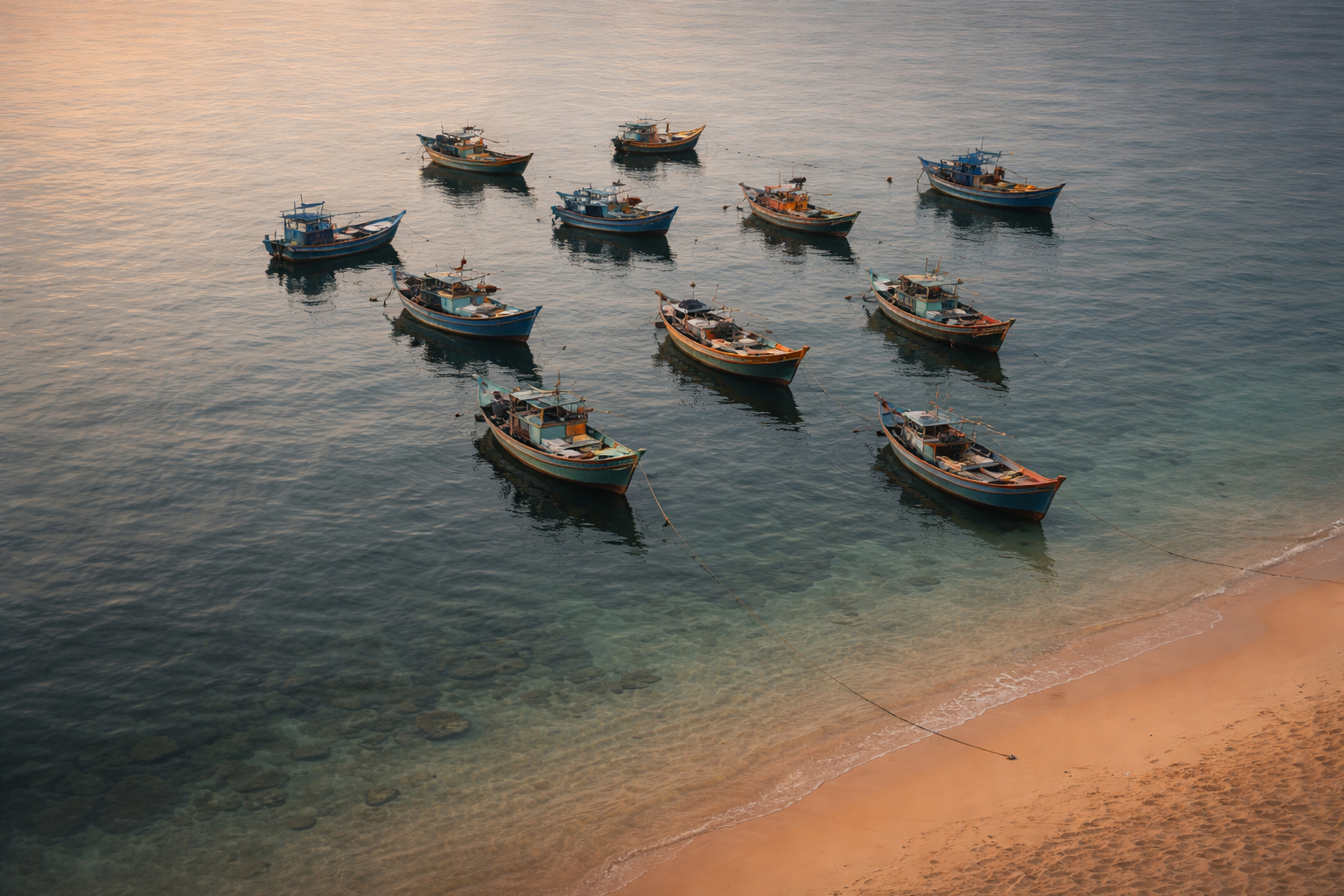 High-angle aerial photo of a small group of colorful wooden fishing boats clustered near a sandy shoreline in soft dawn light, calm water and gentle reflections, with the lower third left empty and quiet.