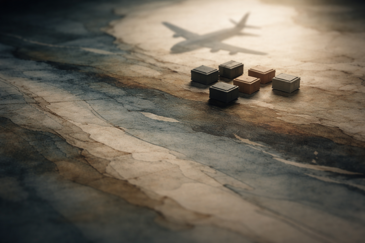 High-angle macro photo of overlapping translucent sheets stained blue and brown like floodwater, with tiny unbranded cargo blocks and a blurred model airplane shape clustered in the central upper area, and an intentionally empty darker lower third.