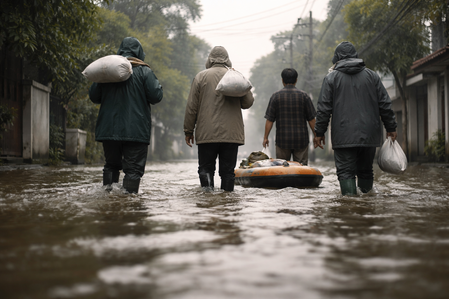 Low-angle photo of anonymous relief workers and a resident wading through knee-deep floodwater on a Bangkok street, faces turned away and carrying sandbags and an inflatable raft under an overcast sky.