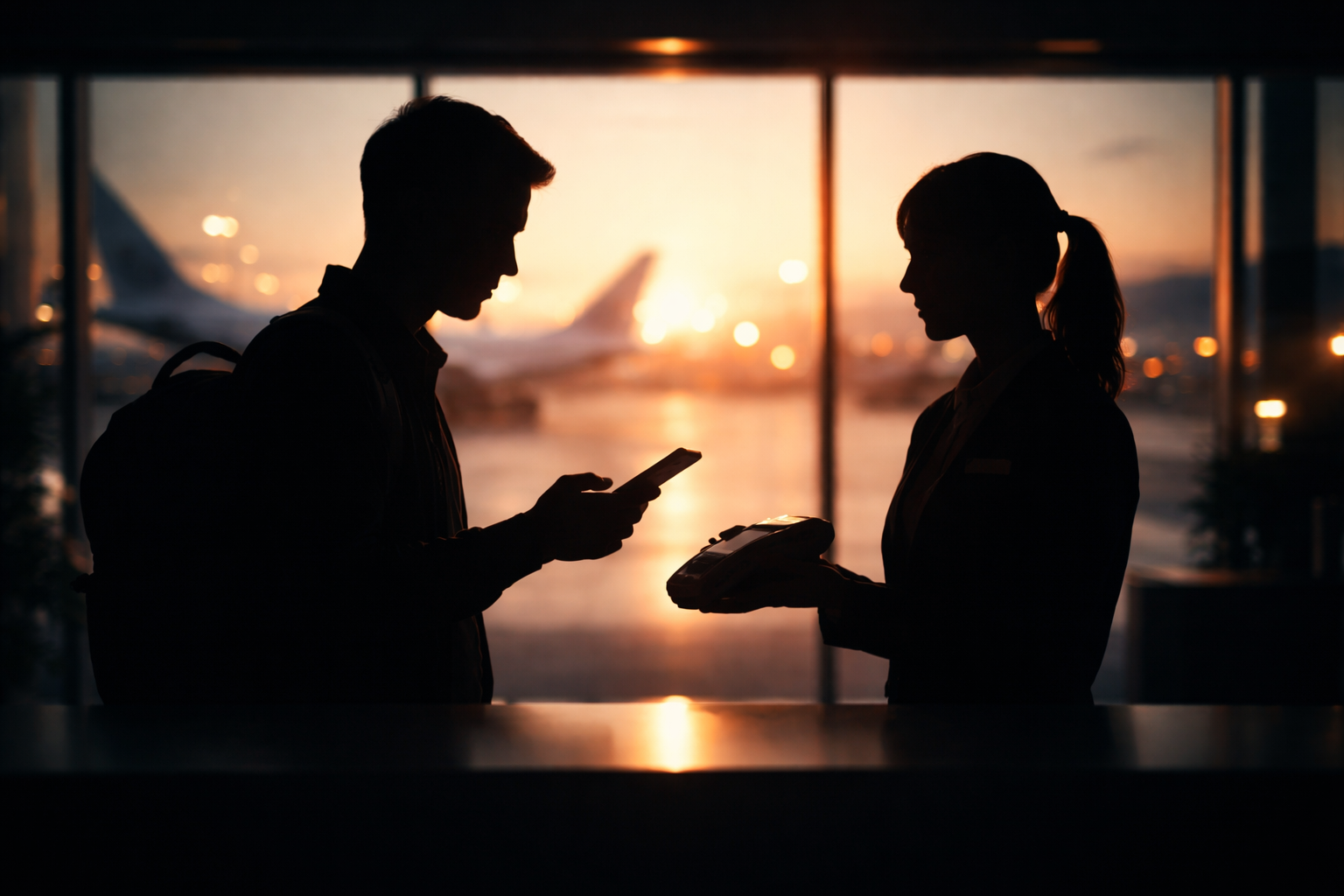 Backlit silhouettes of a traveler and a service staff at an airport kiosk, the traveler holding a phone and the staff holding a small payment terminal, centered against a dusk glass backdrop with the bottom third left uncluttered.