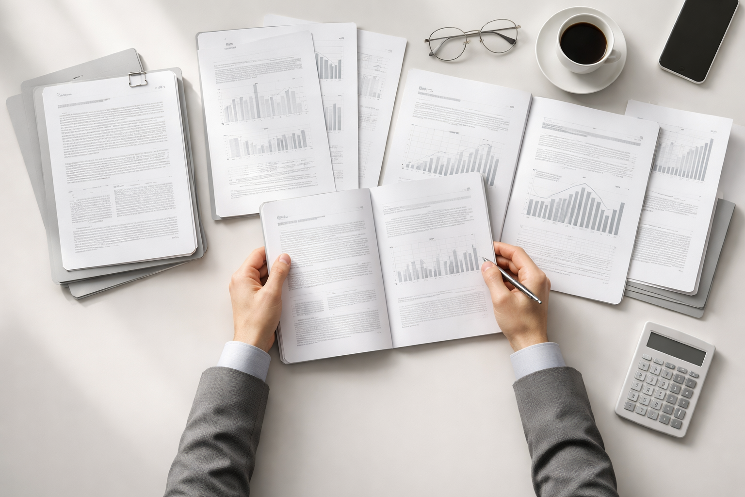 Overhead view of anonymous hands arranging financial documents on a minimalist desk with natural light.