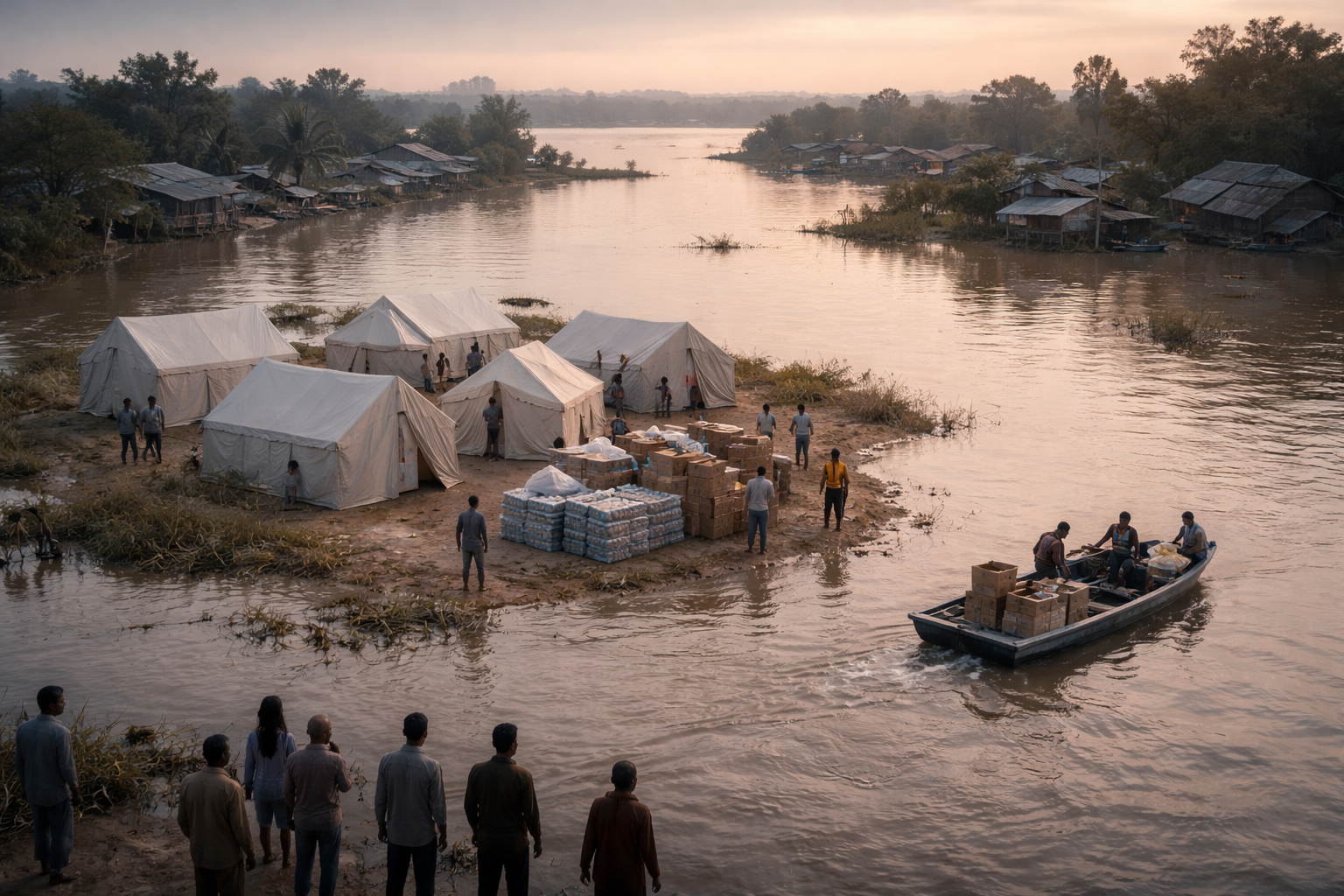 Aerial wide shot of a flood-hit riverside village with a central cluster of neutral relief tents, covered aid crates and a small boat delivering supplies, anonymous figures turned away, soft dawn light and calm floodwater in the foreground.