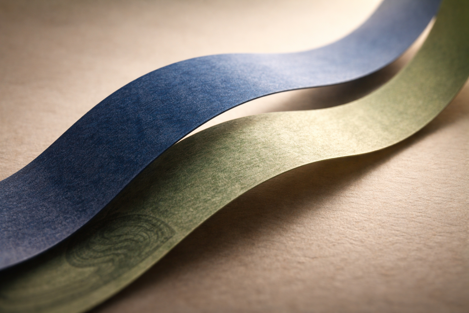 Low-angle close-up of two textured paper ribbons—one blue, one green—curving upward into the frame's upper two thirds, with visible fibers, soft side lighting, shallow depth of field and a clean, uncluttered lower third.