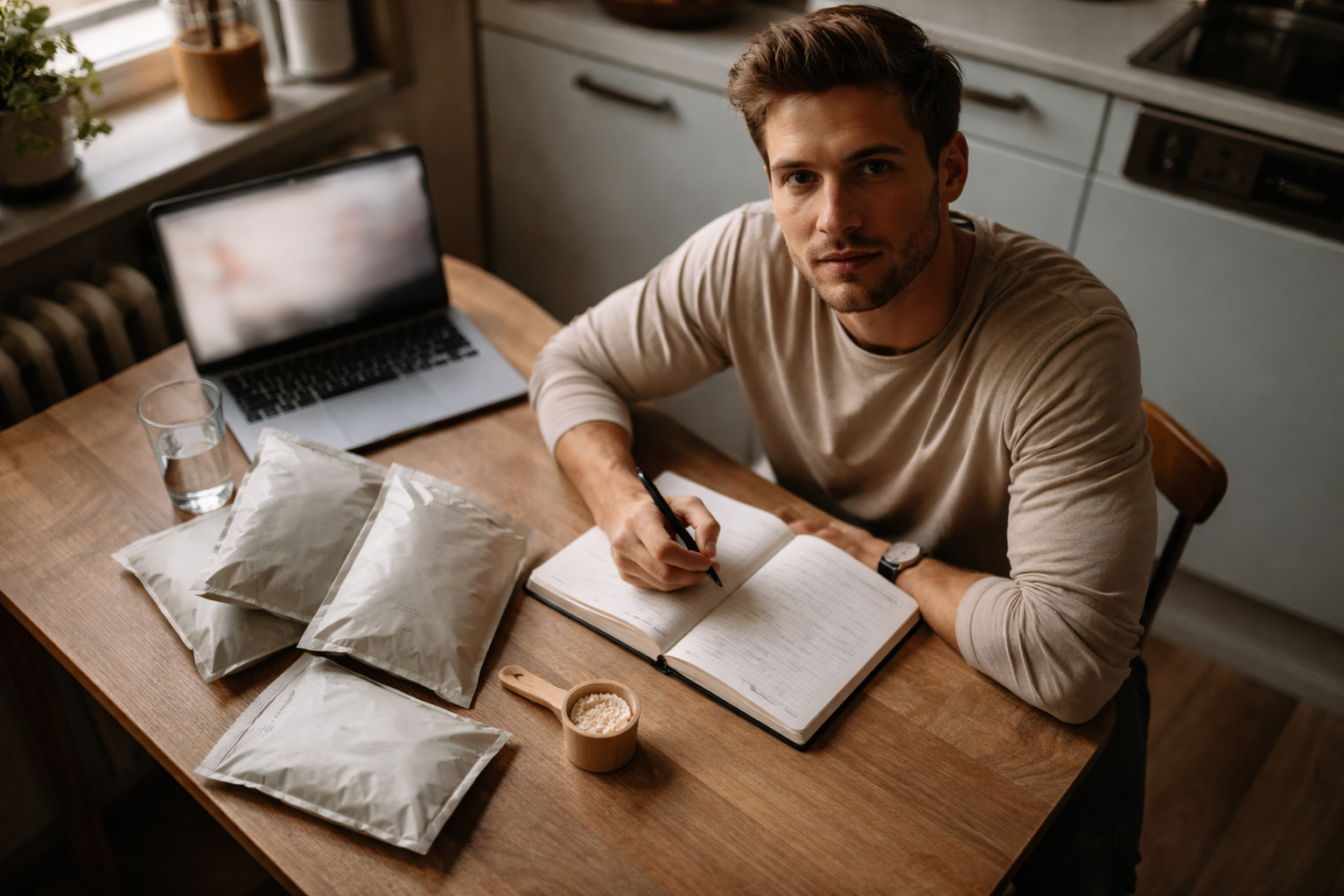 High-angle photo of a fictional entrepreneur at a small kitchen table, surrounded by plain protein sachets, a wooden scoop, notebook and a blurred laptop, lit by warm late-afternoon light with the lower third calm and empty.