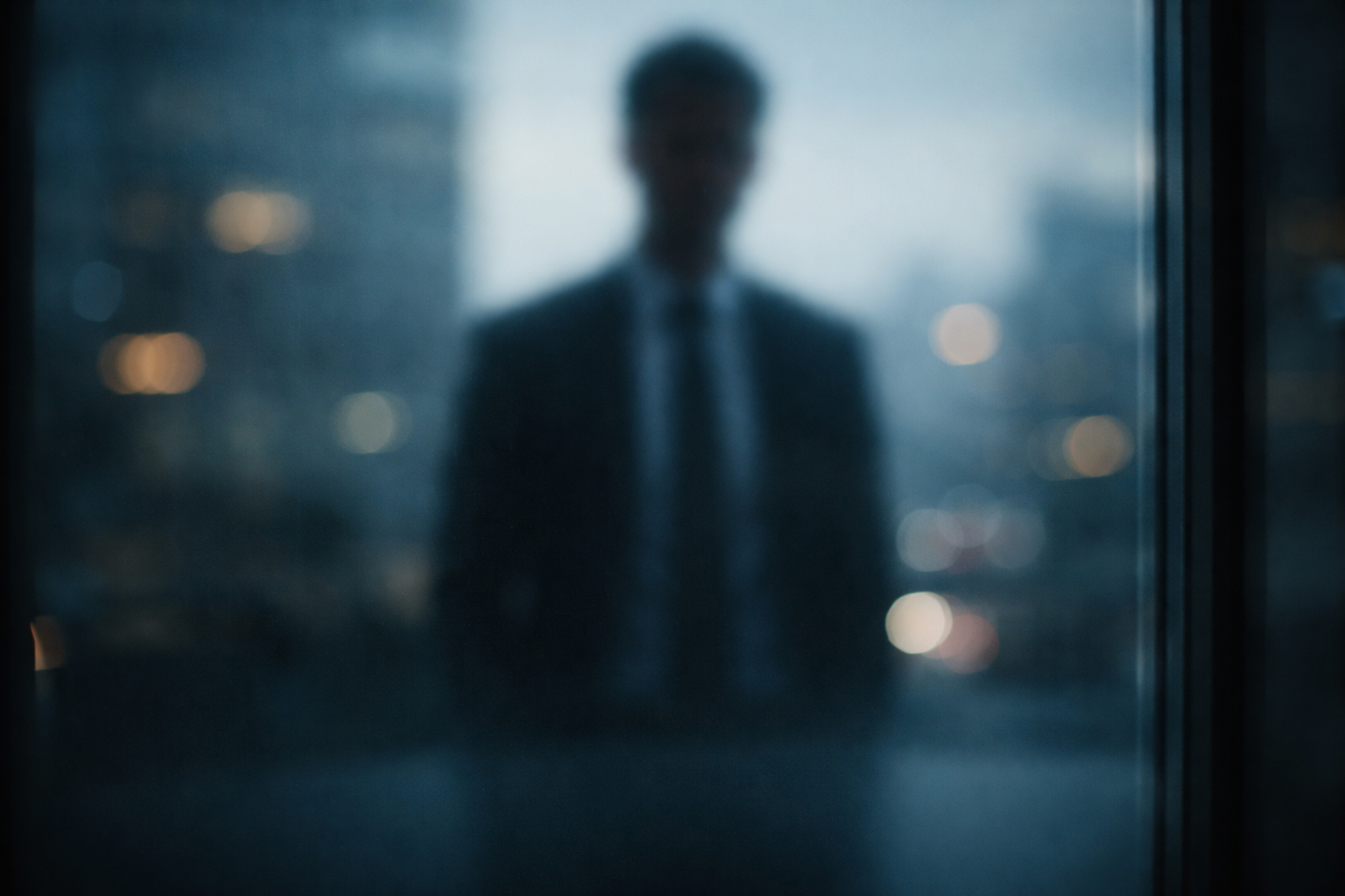 A soft, blurred reflection of an anonymous person in an office window fills the upper two thirds, with indistinct city lights behind and a deliberately dark, uncluttered lower third for headline space.