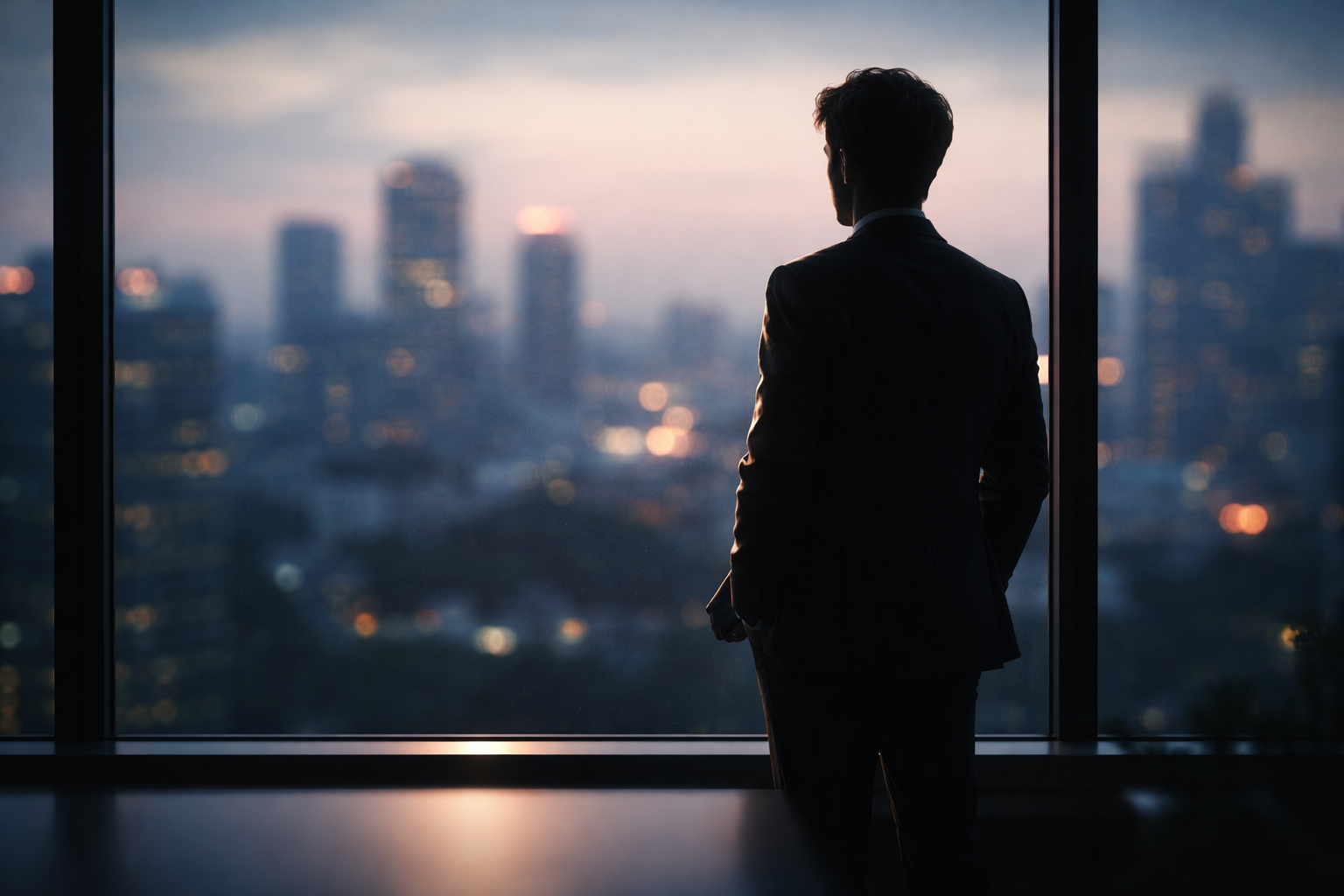 Dark silhouette of a lone figure standing by a large office window at dusk, rim-lit against a blurred generic city skyline with the lower third of the image left calm and empty.