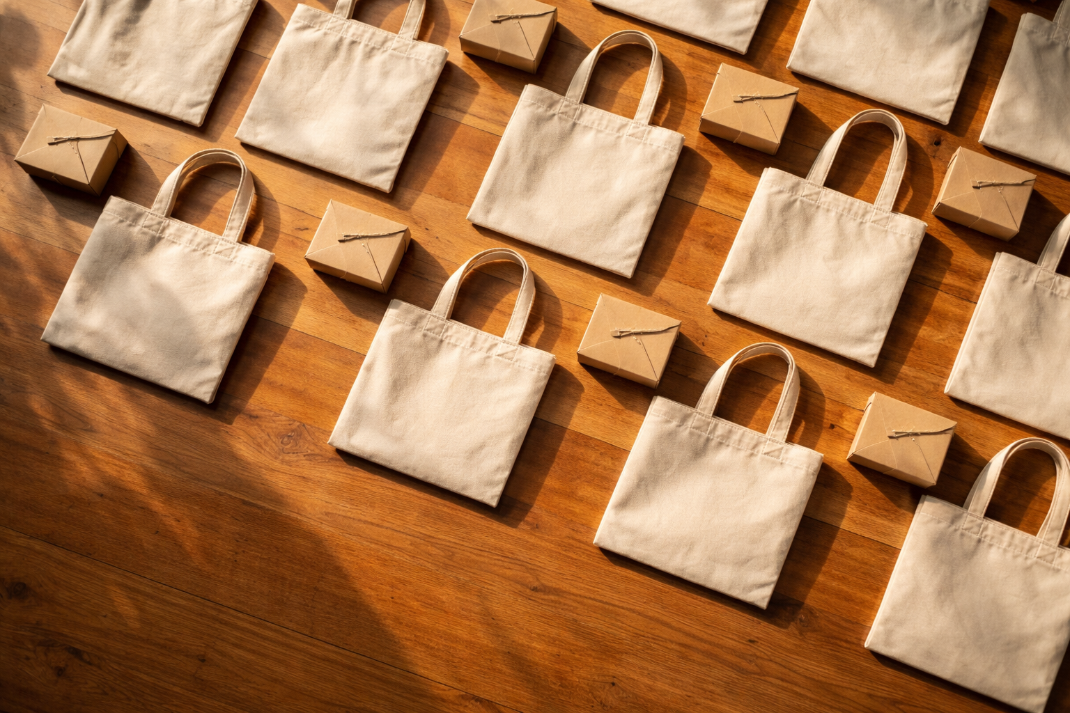 Top-down photo of staggered rows of unbranded canvas tote bags and kraft takeaway boxes on a warm wooden table, with soft directional light and empty lower third left as negative space.