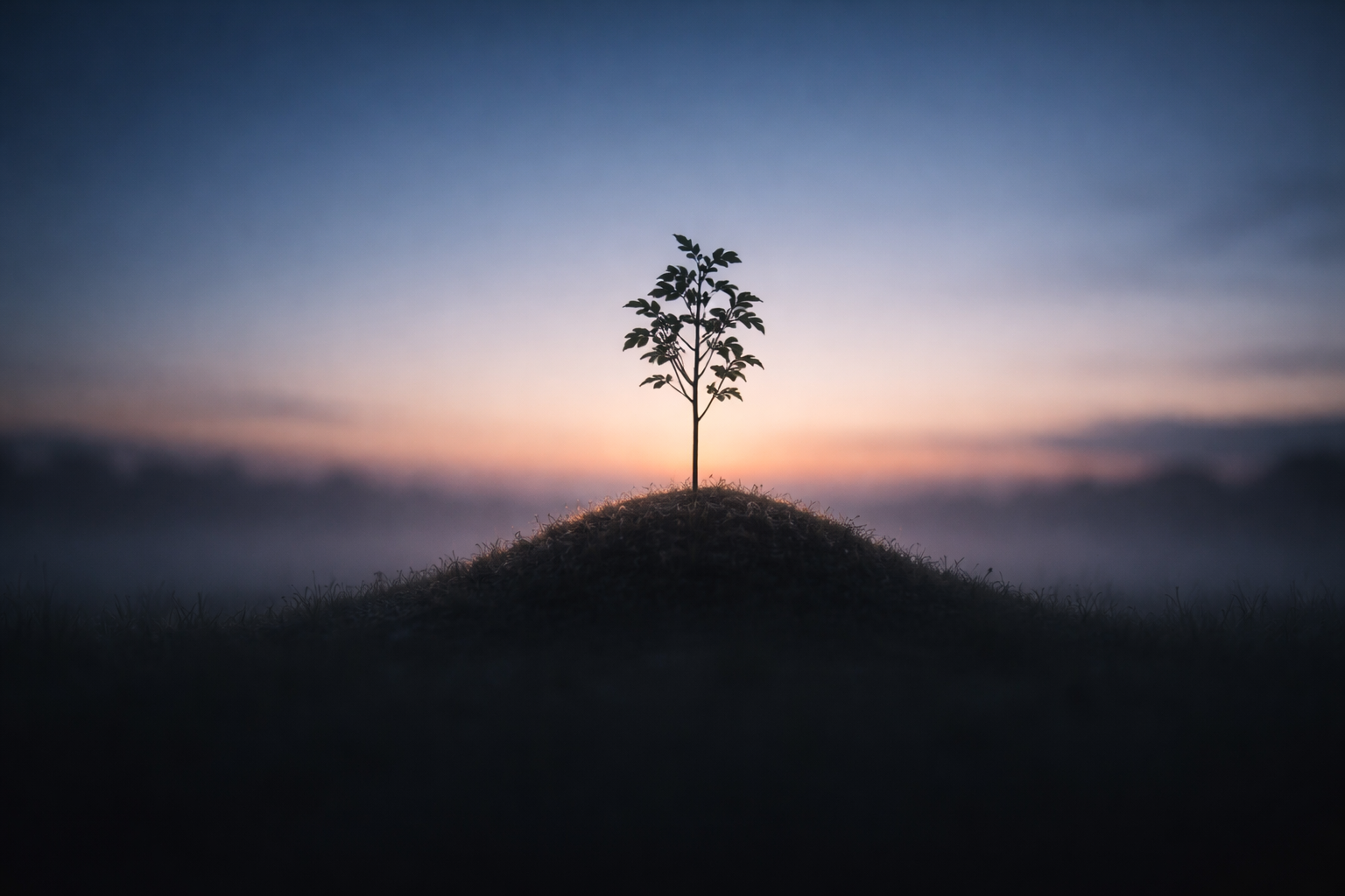 A dark silhouette of a single young sapling on a small hill against a soft pre-dawn sky, positioned in the upper two-thirds with the bottom third left empty.