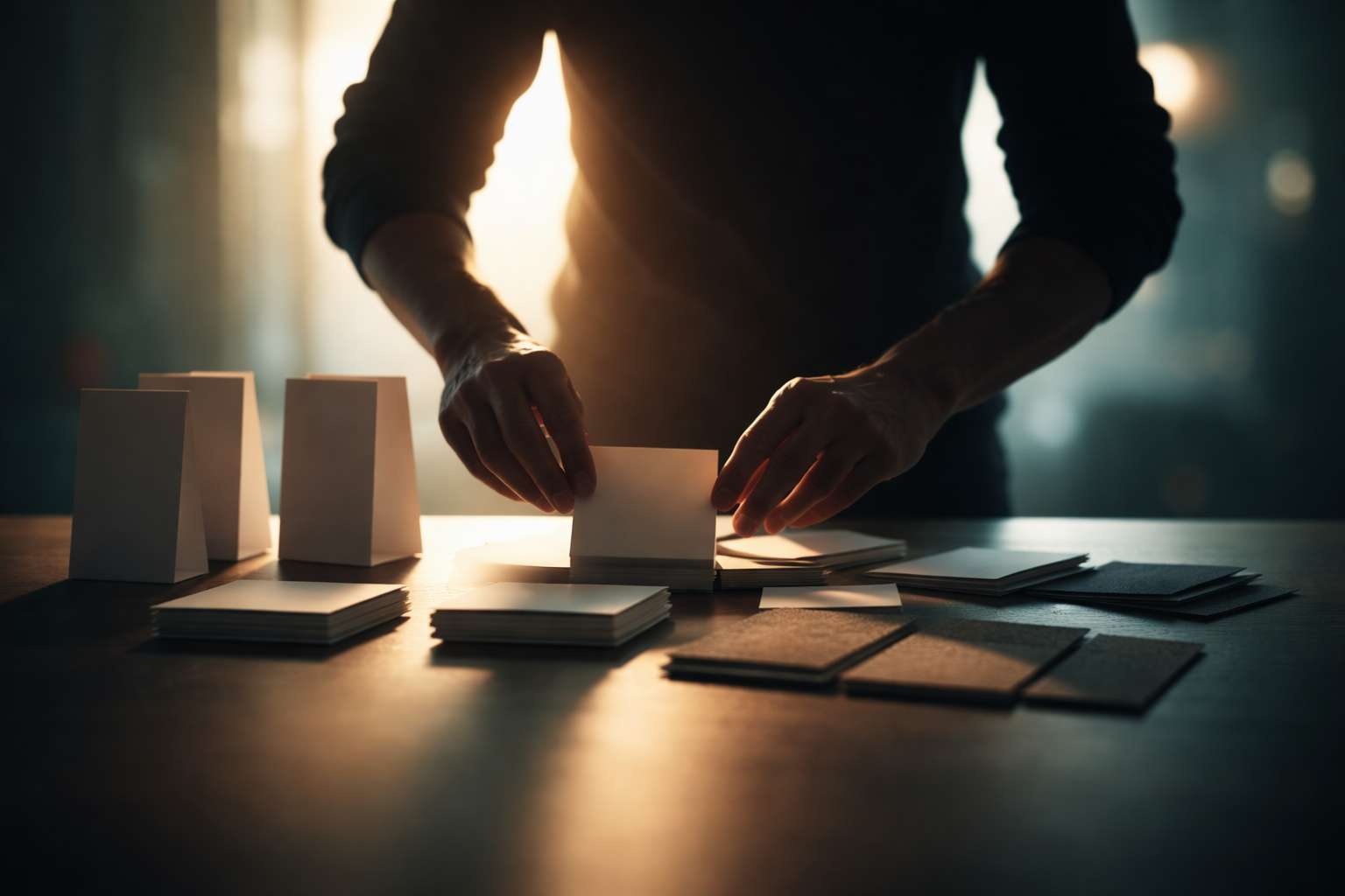 High-contrast silhouette of a person arranging blank sample cards, folded brochures and material swatches on a table, with warm rim light and cool shadows and an empty lower third.