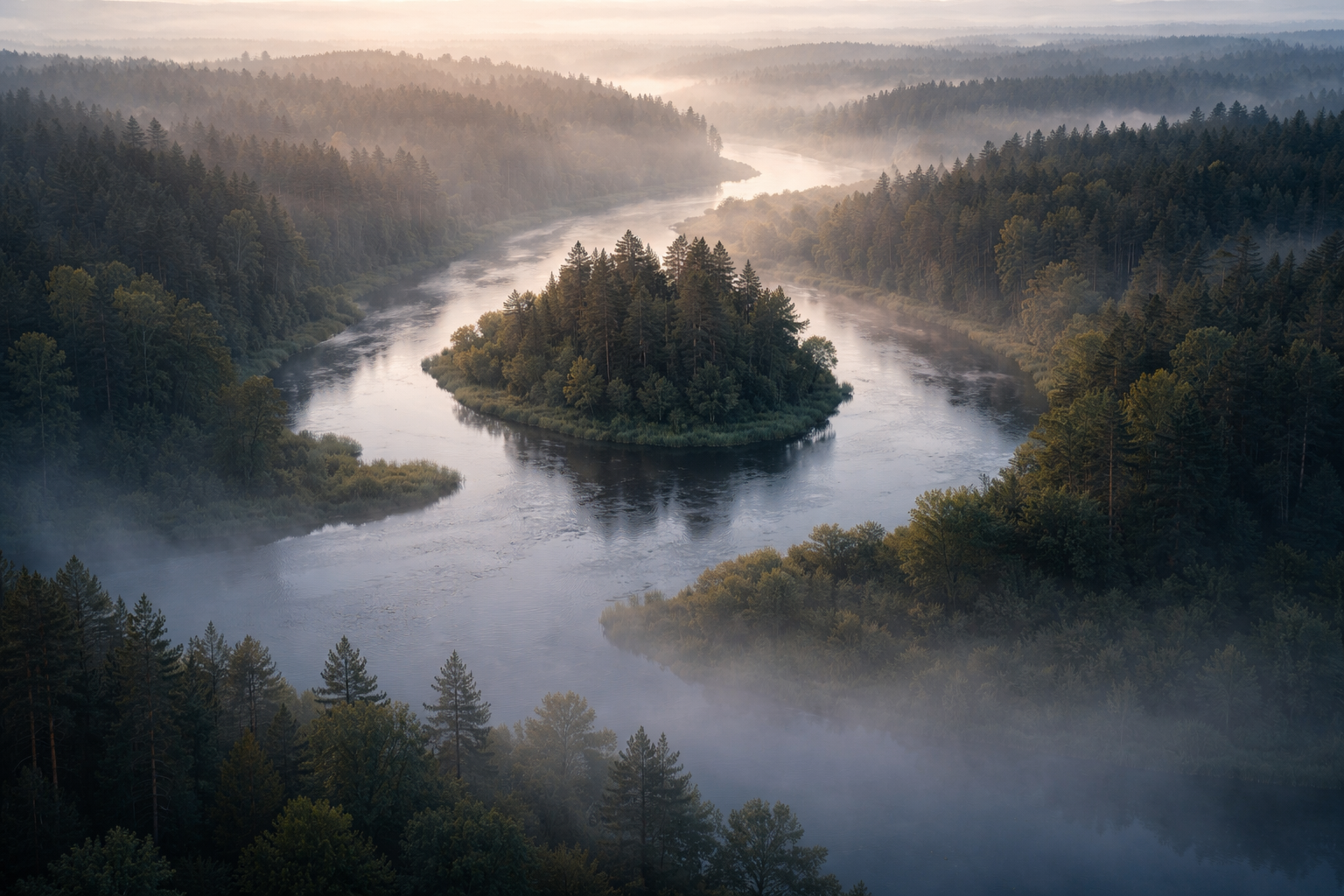 Aerial wide shot of a misty river winding through forest with a small tree-covered island centered in the upper two-thirds; soft dawn light and cool blue-gray tones, lower third left calm and uncluttered.