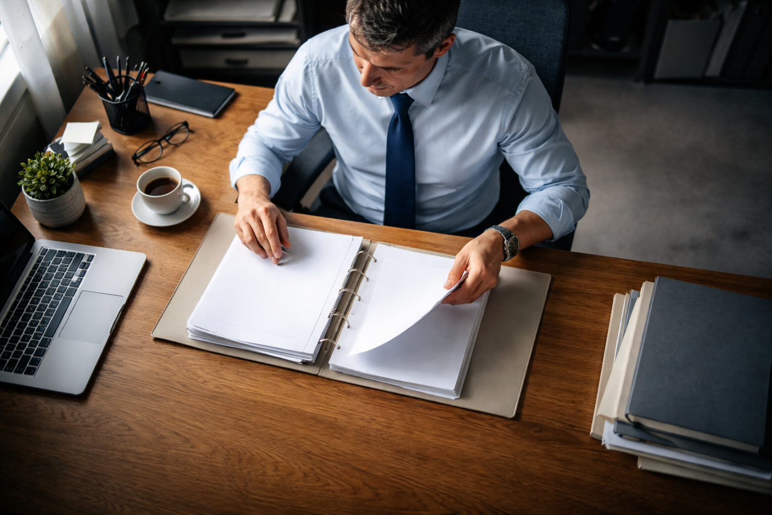 High-angle view from above of a fictional compliance officer at a wooden desk, sorting blank papers and a neutral binder under soft morning light; the person's face is visible but anonymous, with the upper two-thirds filled and the lower third calm and uncluttered.