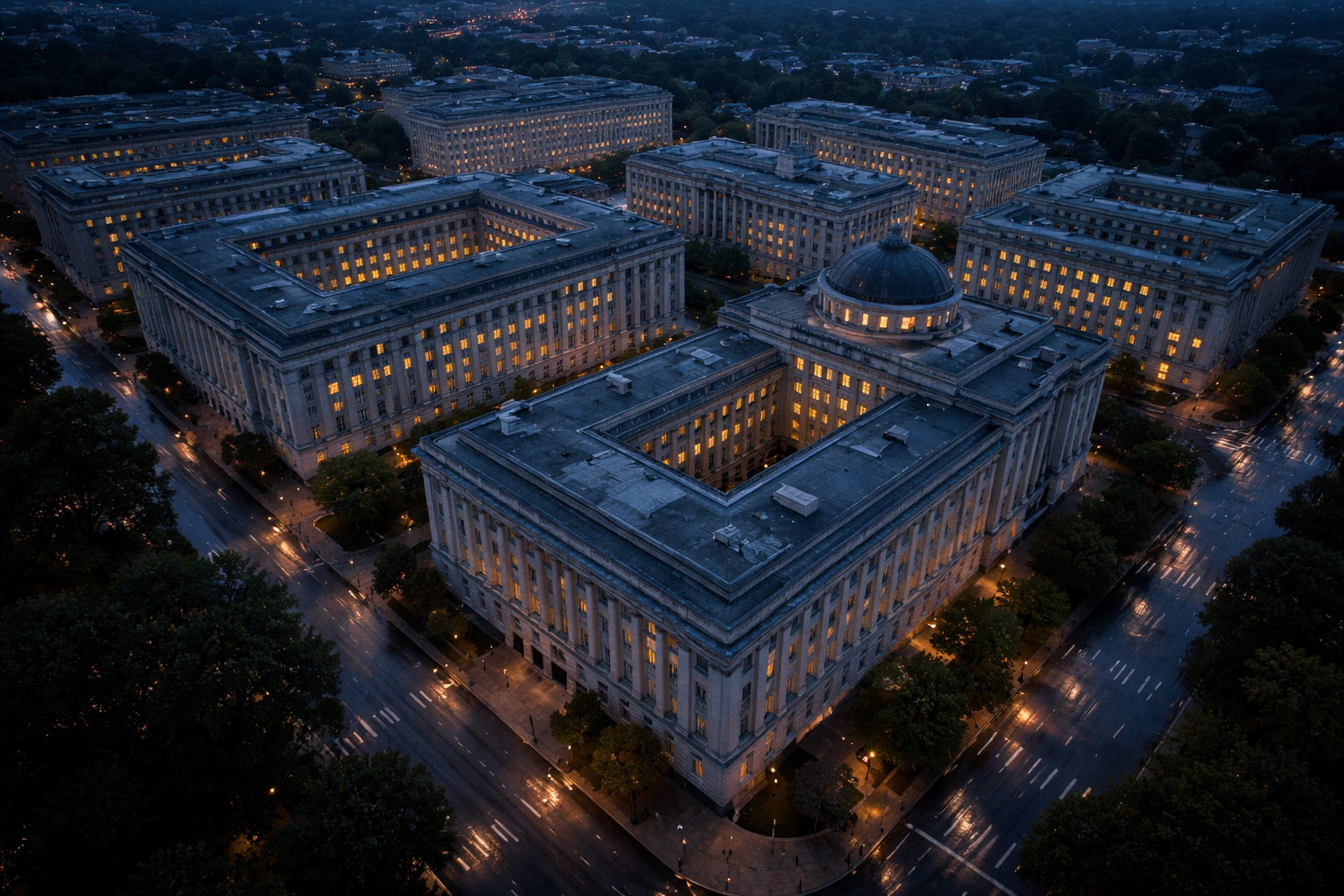 Aerial view of a compact cluster of anonymous government-style office buildings lit at dusk, center-framed with wet streets below and an empty, quiet lower third.