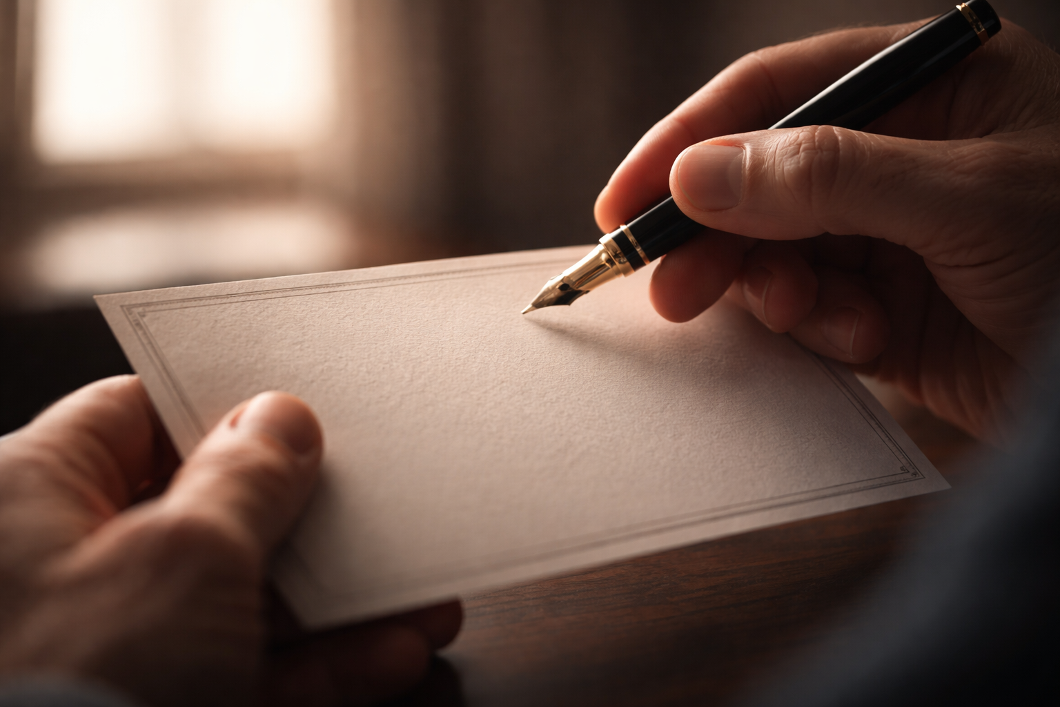 Macro close-up of a fictional investor's hands holding the corner of an unmarked financial certificate with a fountain pen poised above, soft backlight and shallow depth of field, lower third kept darker and uncluttered.