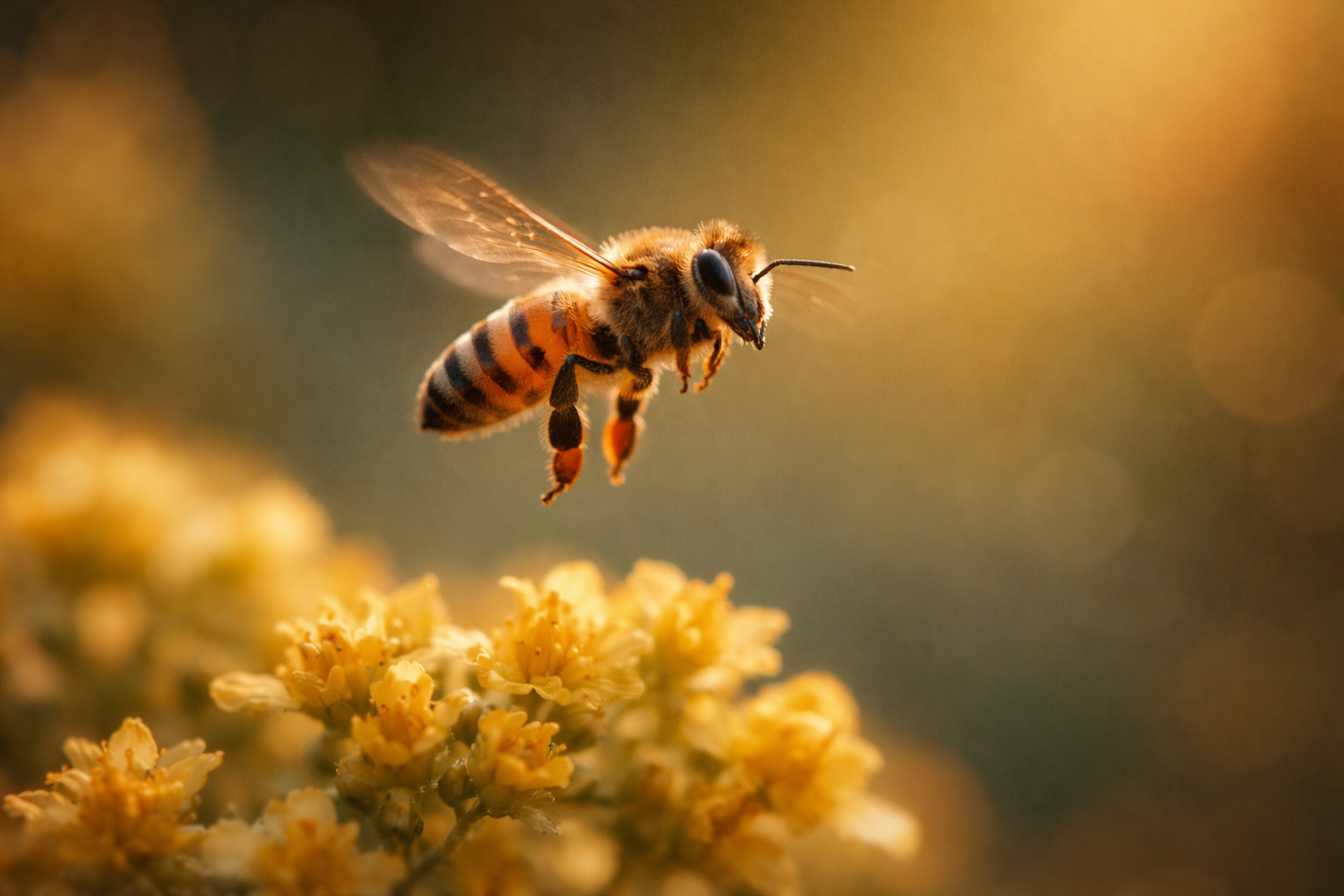 Close-up motion shot of a single bee hovering with blurred wings above small yellow flowers, warm rim light and shallow focus, subject in the upper two thirds and a soft, quiet lower third.