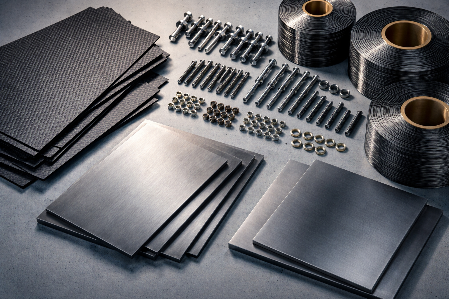 Top-down view of aerospace materials — matte carbon-fiber sheets, brushed titanium plates and rows of unbranded metal fasteners clustered in the upper two-thirds of the frame, with an uncluttered lower third.