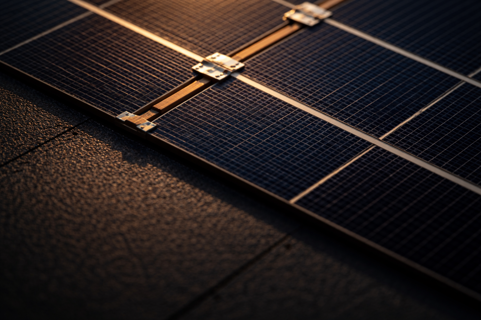 Extreme macro of overlapping solar cells with copper busbars and soldered ribbon connectors focused in the upper two-thirds, with a soft, shadowed lower third left uncluttered.