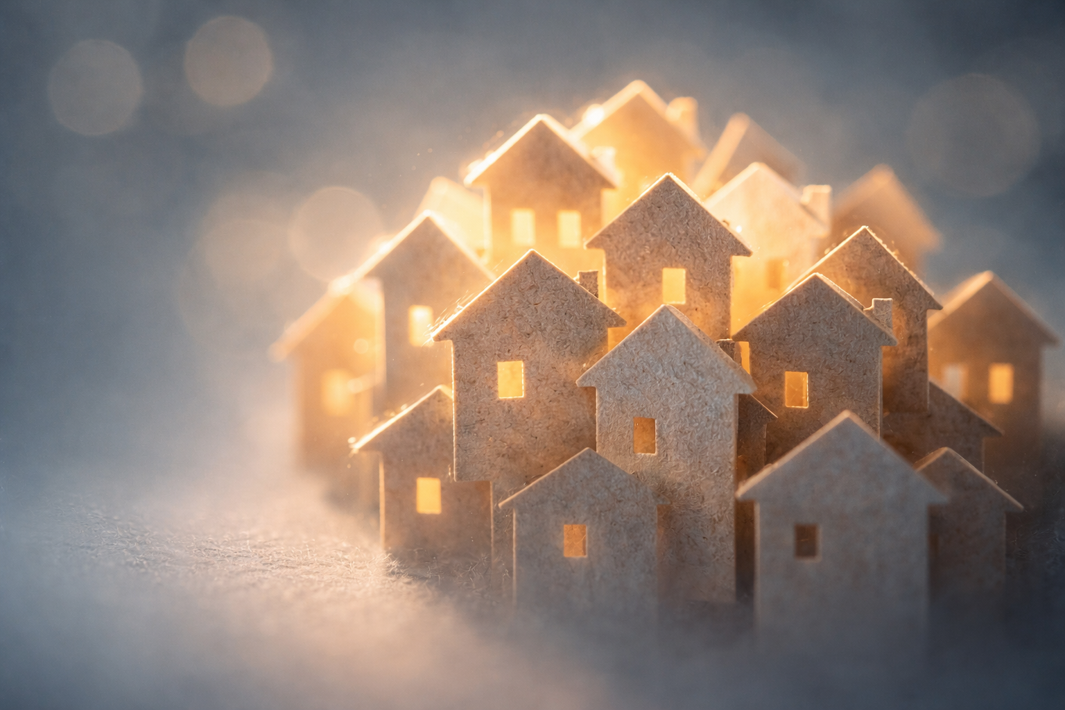 Macro silhouette of layered paper house cutouts backlit with warm rim light against a cool blue-gray background, centered in the upper two-thirds with a calm, uncluttered lower area.