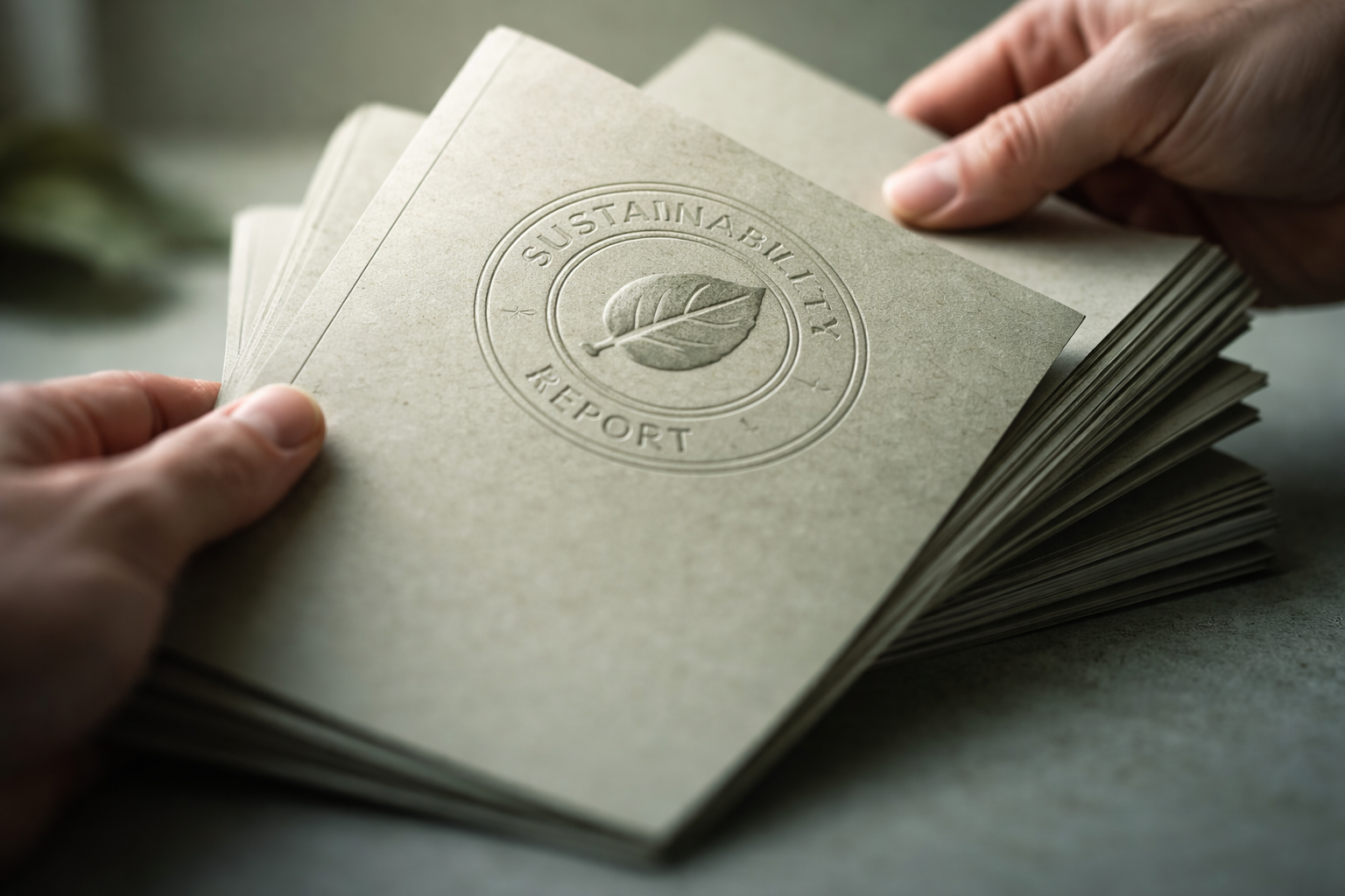 Motion-blurred close-up of anonymous hands flipping green-tinted sustainability reports with an embossed circular award medallion near the upper center, soft sidelight and muted tones; lower third left clear.