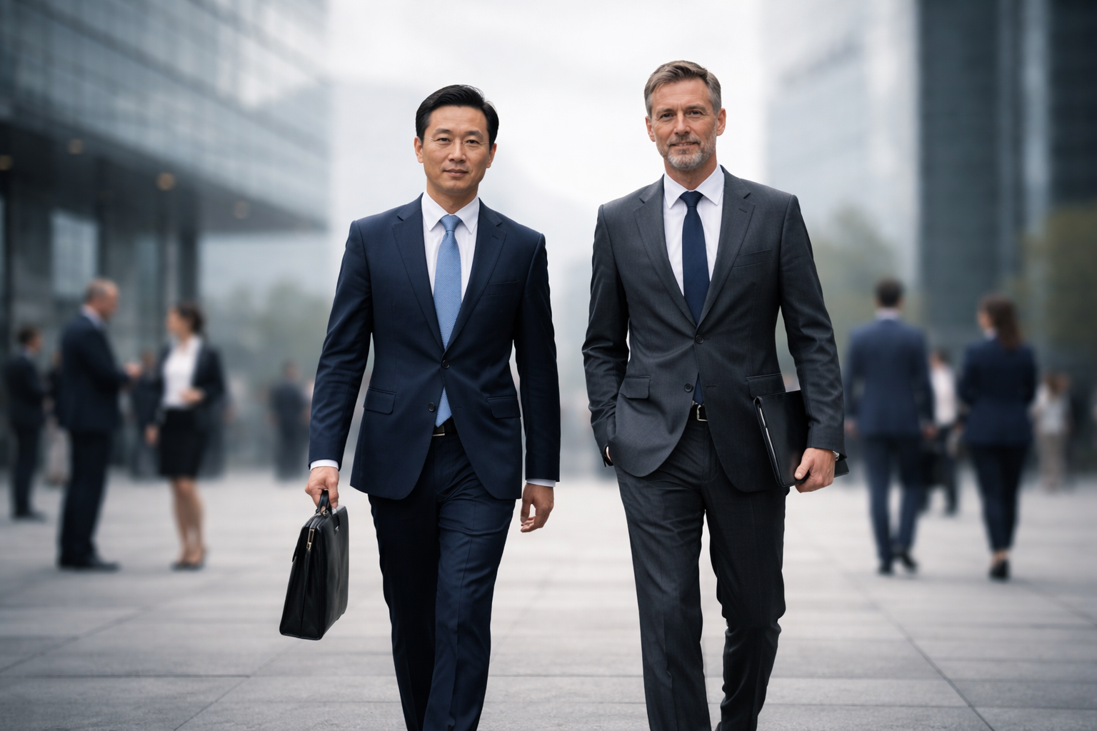 Two fictional trade delegates, one East Asian-presenting and one European-presenting, walk side-by-side across a neutral conference plaza under soft overcast light, framed in the upper two thirds with a blurred generic city background and an empty lower third.