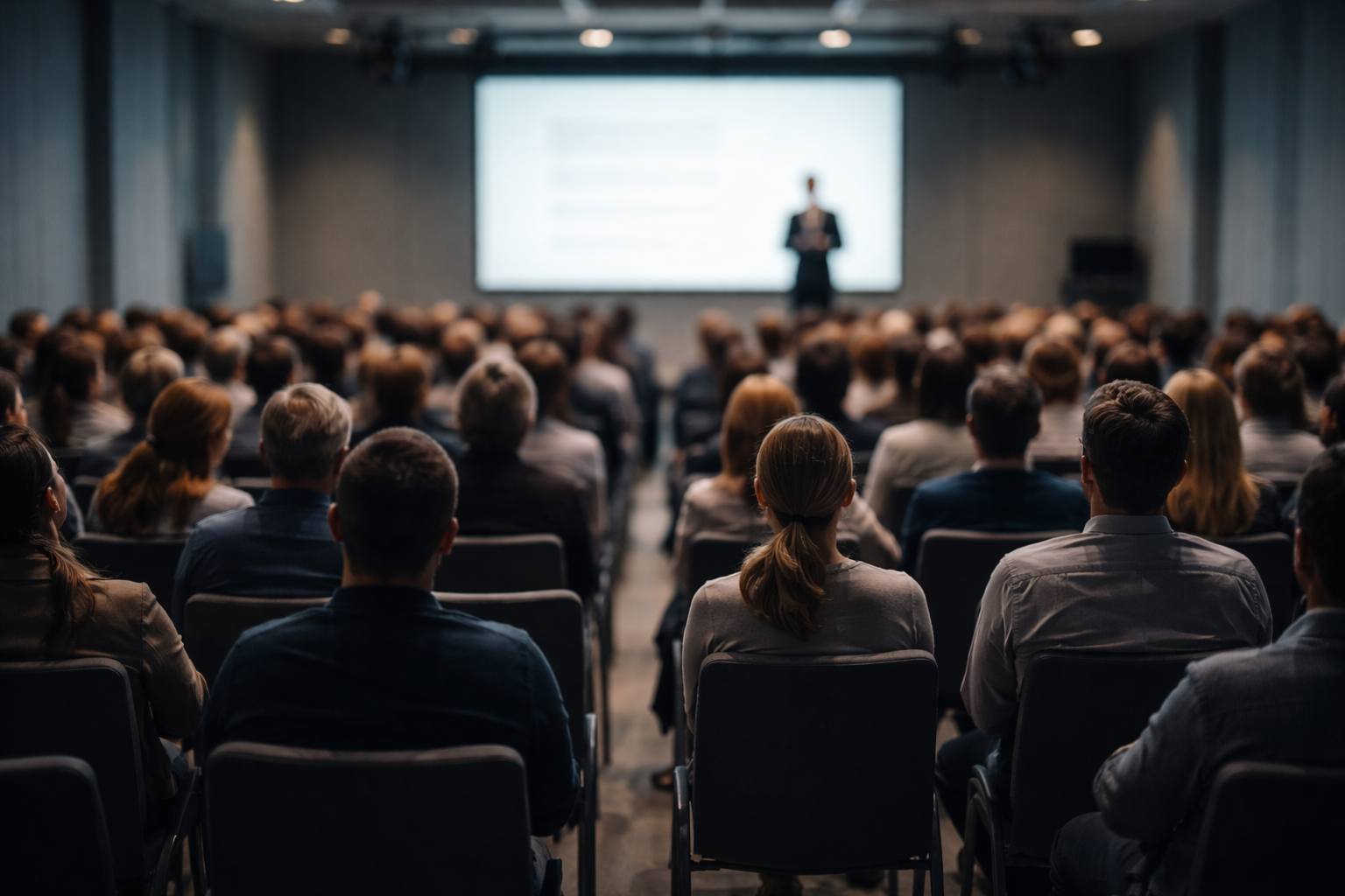 Wide rear view of a packed seminar room showing about 120 attendees seen from behind, with a softly lit presenter and projection centered in the upper area and a clear, uncluttered lower third.