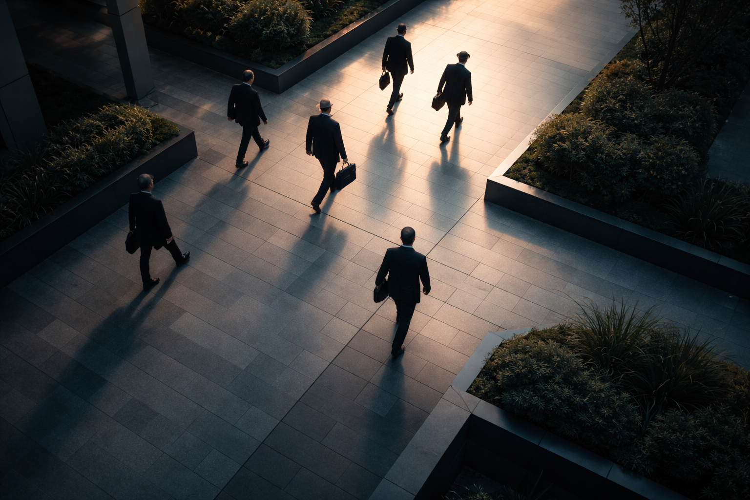 Top-down aerial photograph of a small group of anonymous businesspeople walking across a paved corporate plaza in golden-hour light, faces obscured and concentrated in the upper two-thirds of the frame, with the lower third left empty.