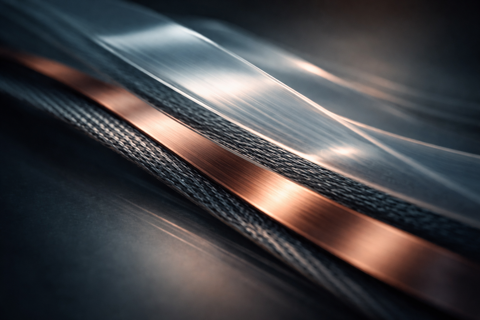 Close-up motion-detail of overlapping industrial materials—translucent polymer film, woven textile threads and a brushed-copper strip moving across the upper part of the frame, with the lower third soft, empty bokeh.